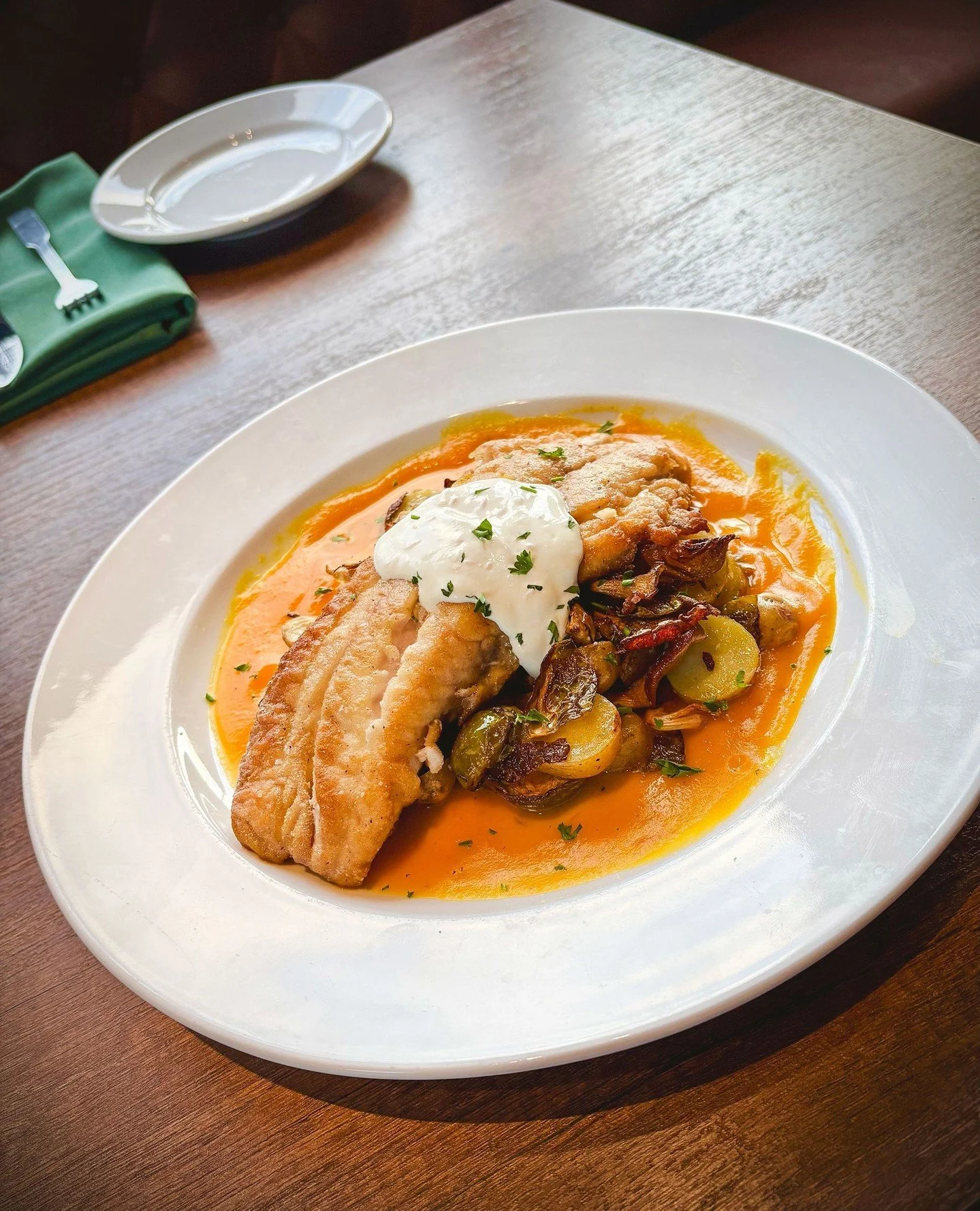 Open at noon for lunch today (and tomorrow and Sunday) with dollar oysters ALL DAY, ALL NIGHT and this beautiful Pan Seared Yellowtail Snapper on special. Your weekend starts now!⁠
⁠
Pan Seared Yellowtail Snapper with a saut&eacute; of fingerling pot