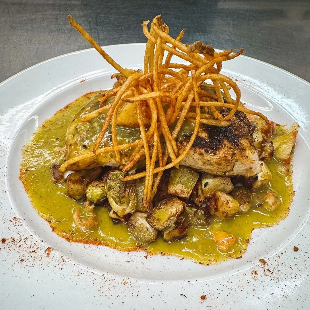 Tonight's Chef Special: Cumin &amp; Herb Rubbed Grilled Swordfish, medley of celery root, potatoes, and Brussels sprouts with a creamy poblano lobster sauce / $35⁠
⁠
Open at noon, serving until 10pm with $1 oysters all day long!⁠
⁠
👉️ A heads up for