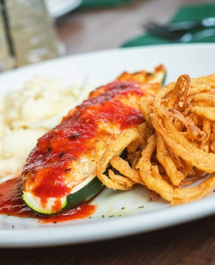 Chef special for the weekend paired with an equally delicious and refreshing spring cocktail from the bar. Open at noon with $1.50 oysters served all day!⁠
⁠
SHRIMP STUFFED ZUCCHINI BOAT⁠
cream cheese, cheddar, onion, pepper, celery, and marinara dri