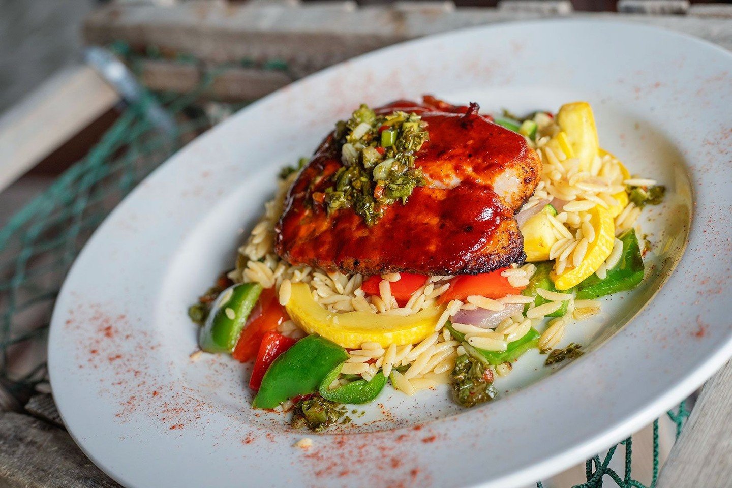 Our Chef Special this weekend: Seared Silk Snapper &mdash; oven baked with an earthy, smoky aj&iacute; panca marinade, finished with scallion and chimichurri, and served over a vibrant veggie orzo saut&eacute;. ⁠
⁠
Available all weekend while it last