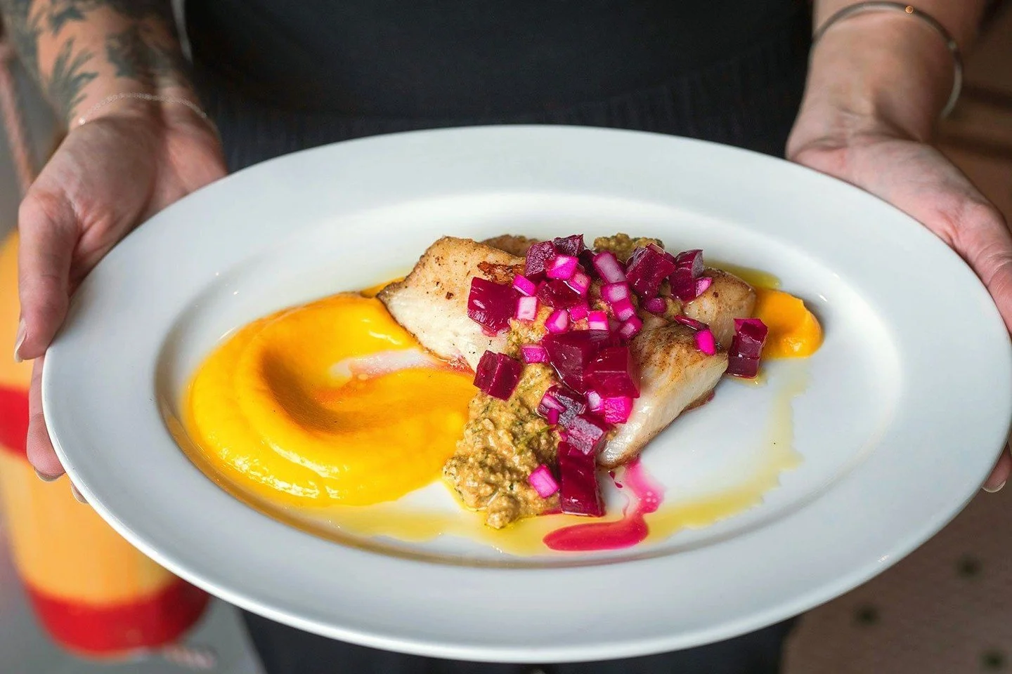 Labor Day Weekend Chef Special: Pan roasted sablefish (black cod), butternut pur&eacute;e, pepita cilantro pesto sauce, roasted beet, white onion relish. Available this weekend while it lasts! ⁠
⁠
Join us for $1.50 oysters, cocktails on the patio and