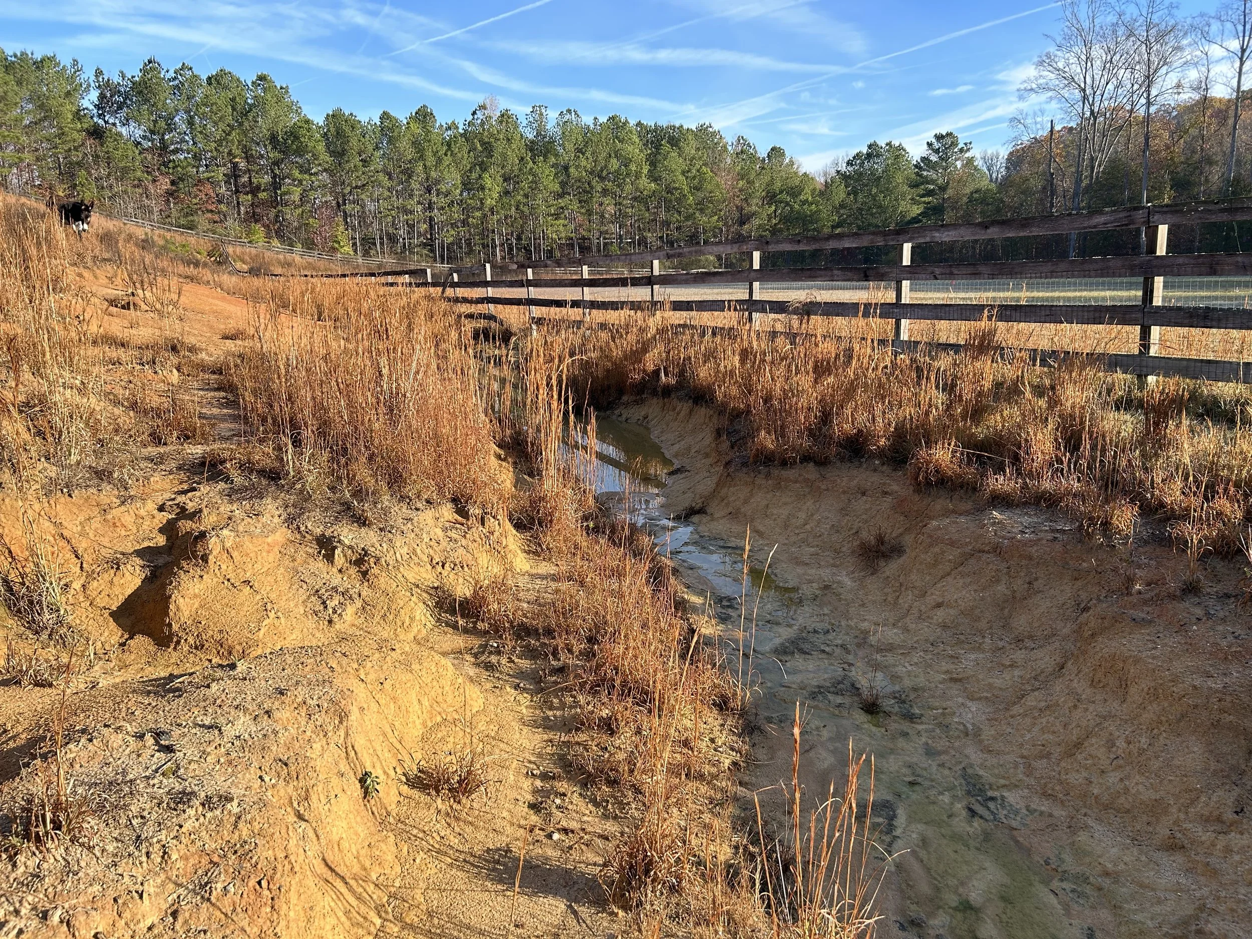 Eroded drainage channel with standing water before reconstruction on Fairburn equestrian property
