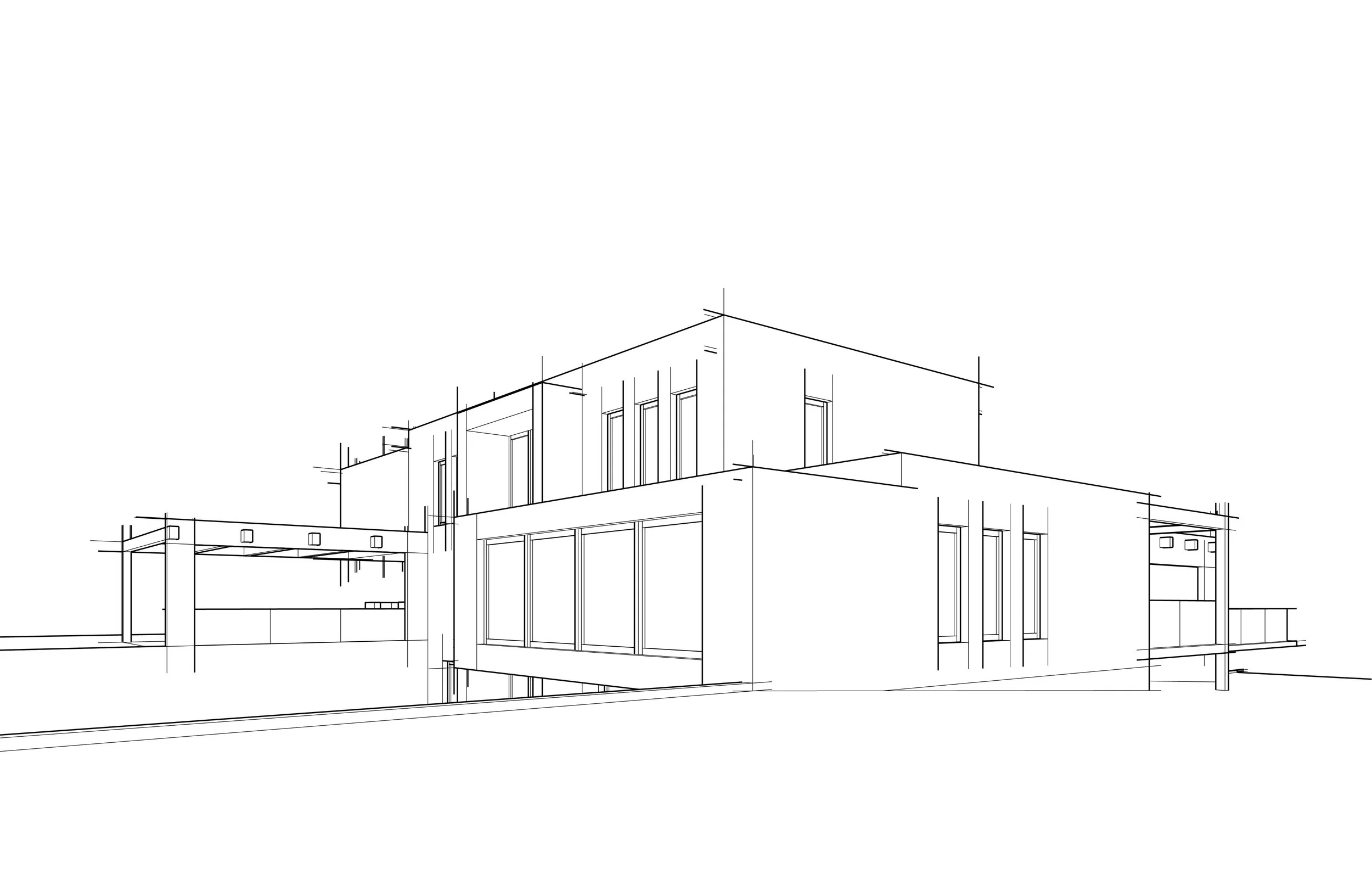 Line drawing of a modern multi-story building with large windows and flat roof design.