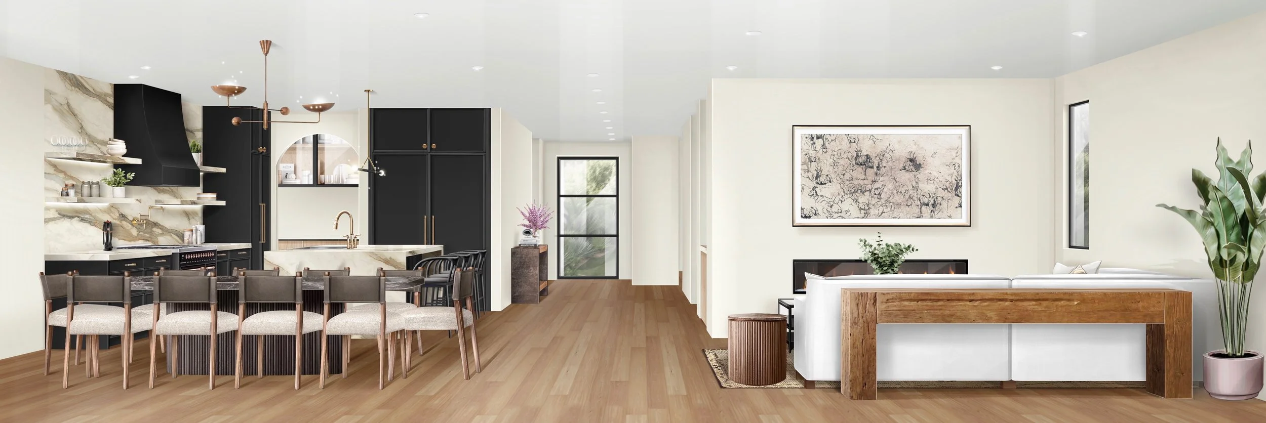Open-concept kitchen and living room with black and white color scheme, wooden accents, a dining area with several chairs, shelves with decorative items, and large windows with natural light.