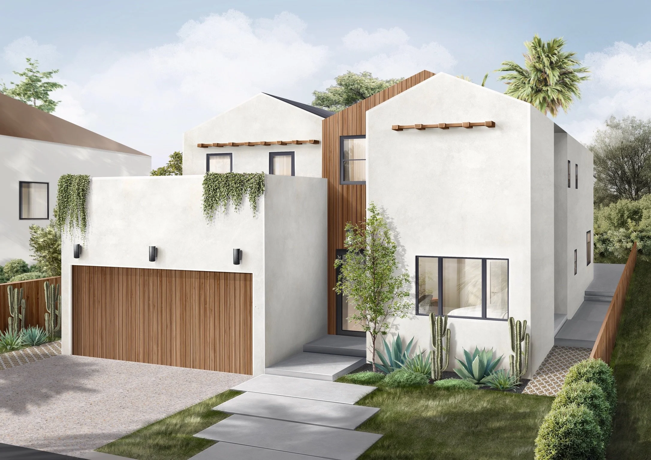 Modern white two-story house with wood accents, large windows, and desert landscaping including cacti and drought-resistant plants.