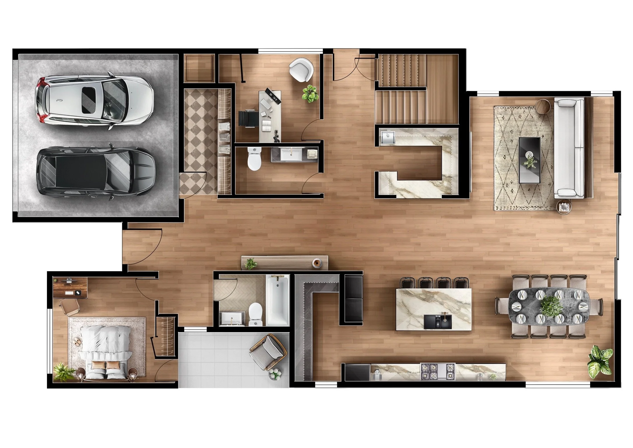 Floor plan of a house with a two-car garage, a bedroom, a bathroom, an office, a living room, a kitchen with a dining area, and a patio. The house features wooden and tiled flooring, modern furniture, and green plants.