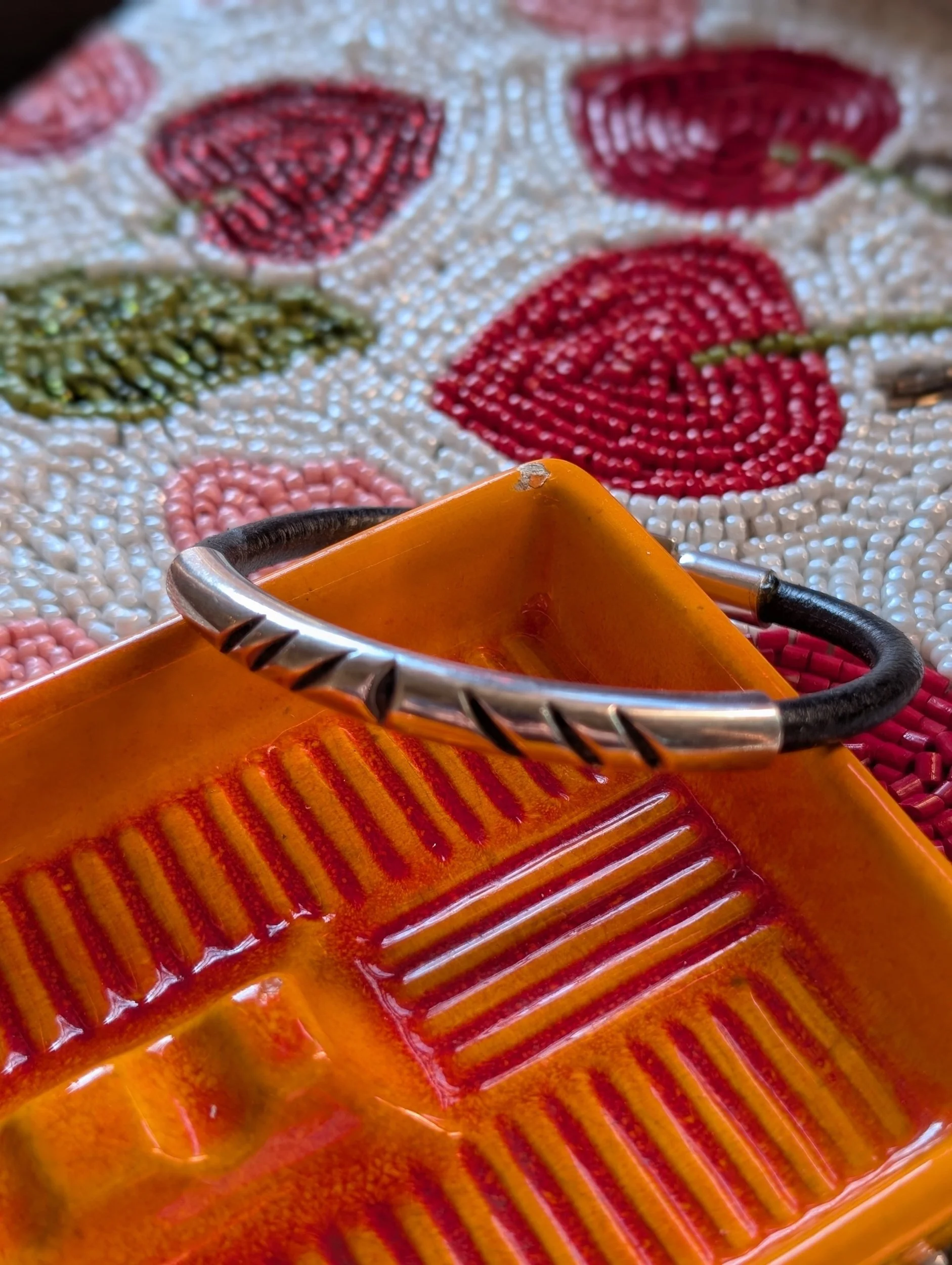 Vintage Sterling Silver Black Leather Bracelet