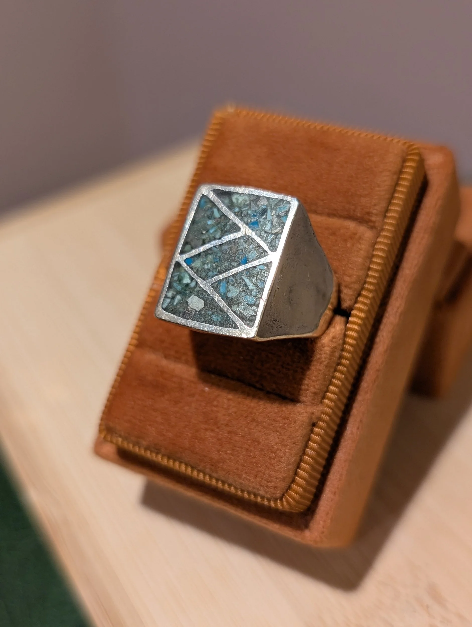 Vintage Square Crushed Turquoise Sterling Silver Ring |Size 10