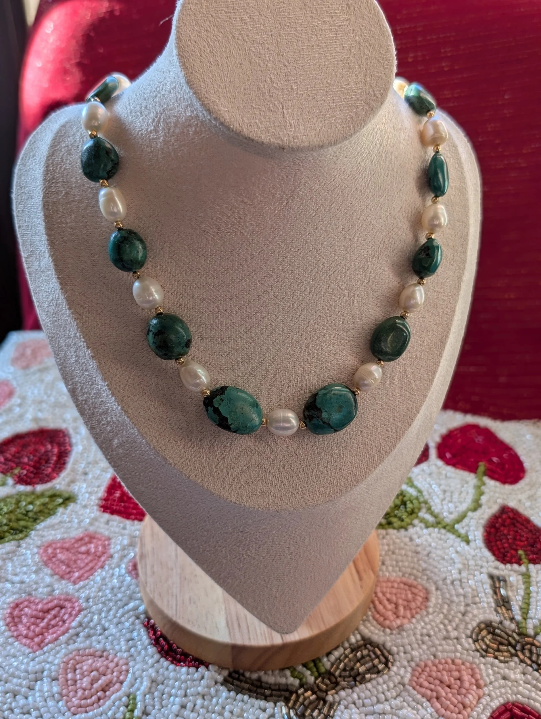 Vintage 14k Gold Turquoise and Freshwater Pearl Necklace