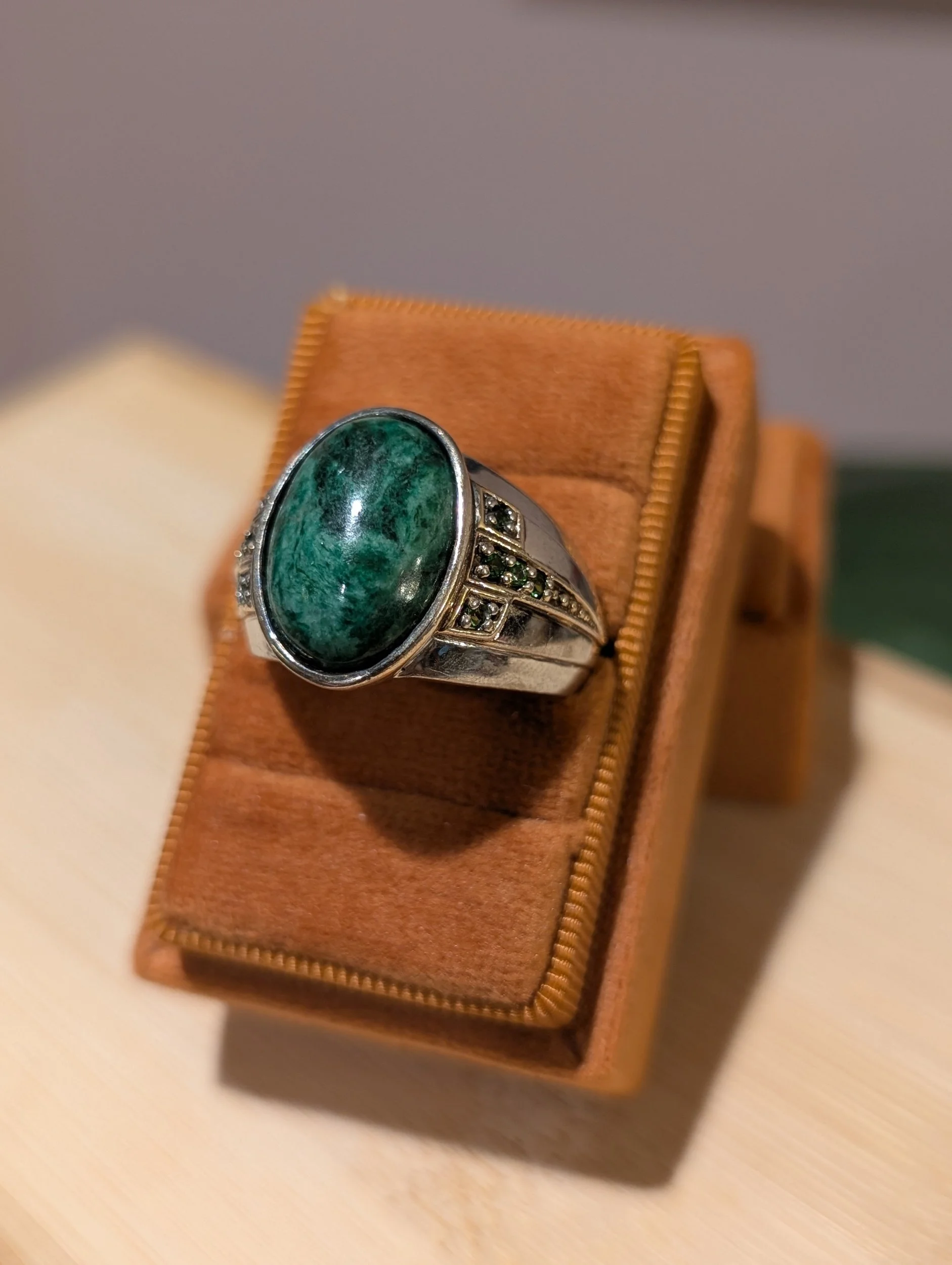 Vintage Malachite & Peridot Sterling Silver Ring | Size 13