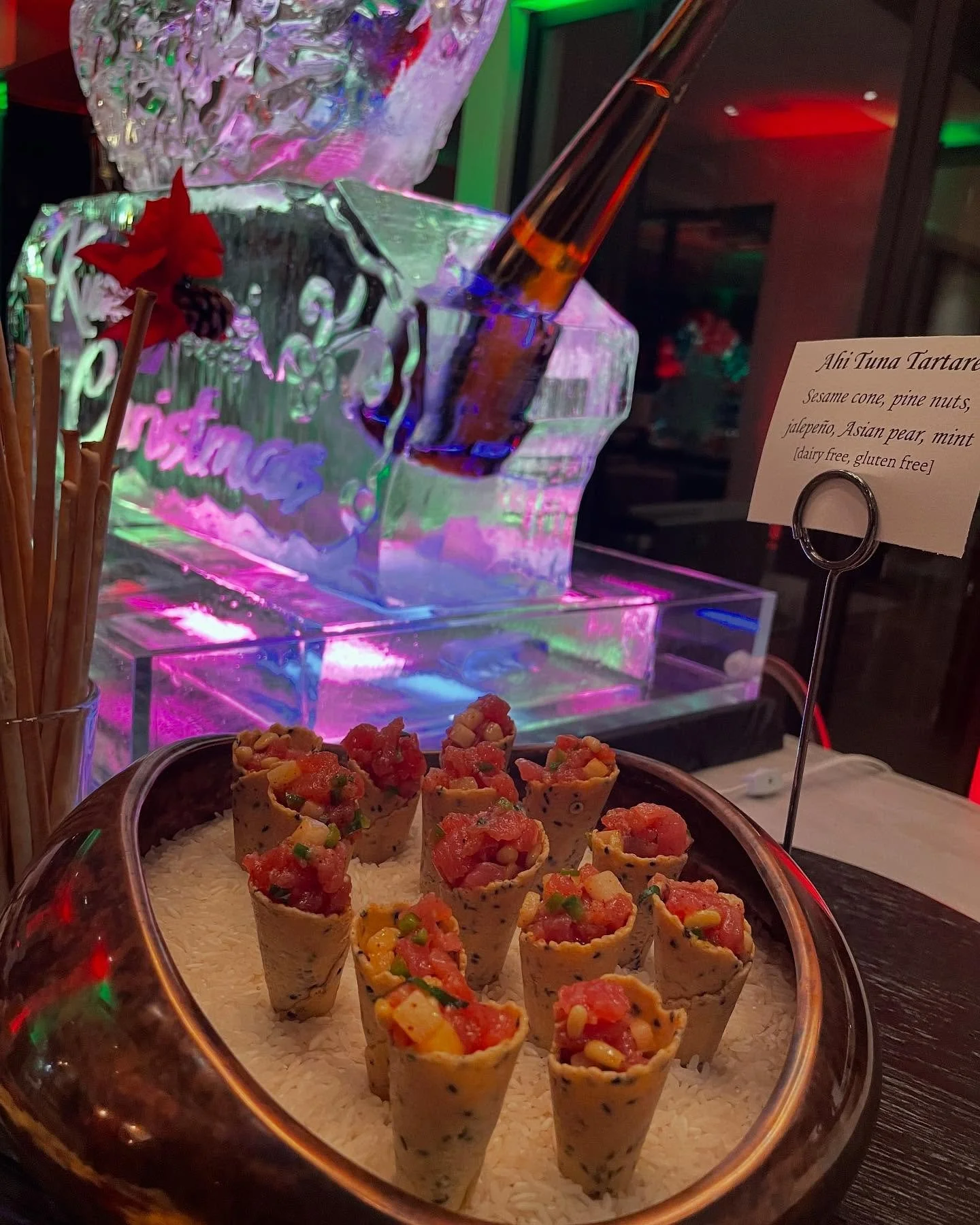 Ahi Tuna Poke Cones with a lovely ice sculpture backdrop🎄❤️