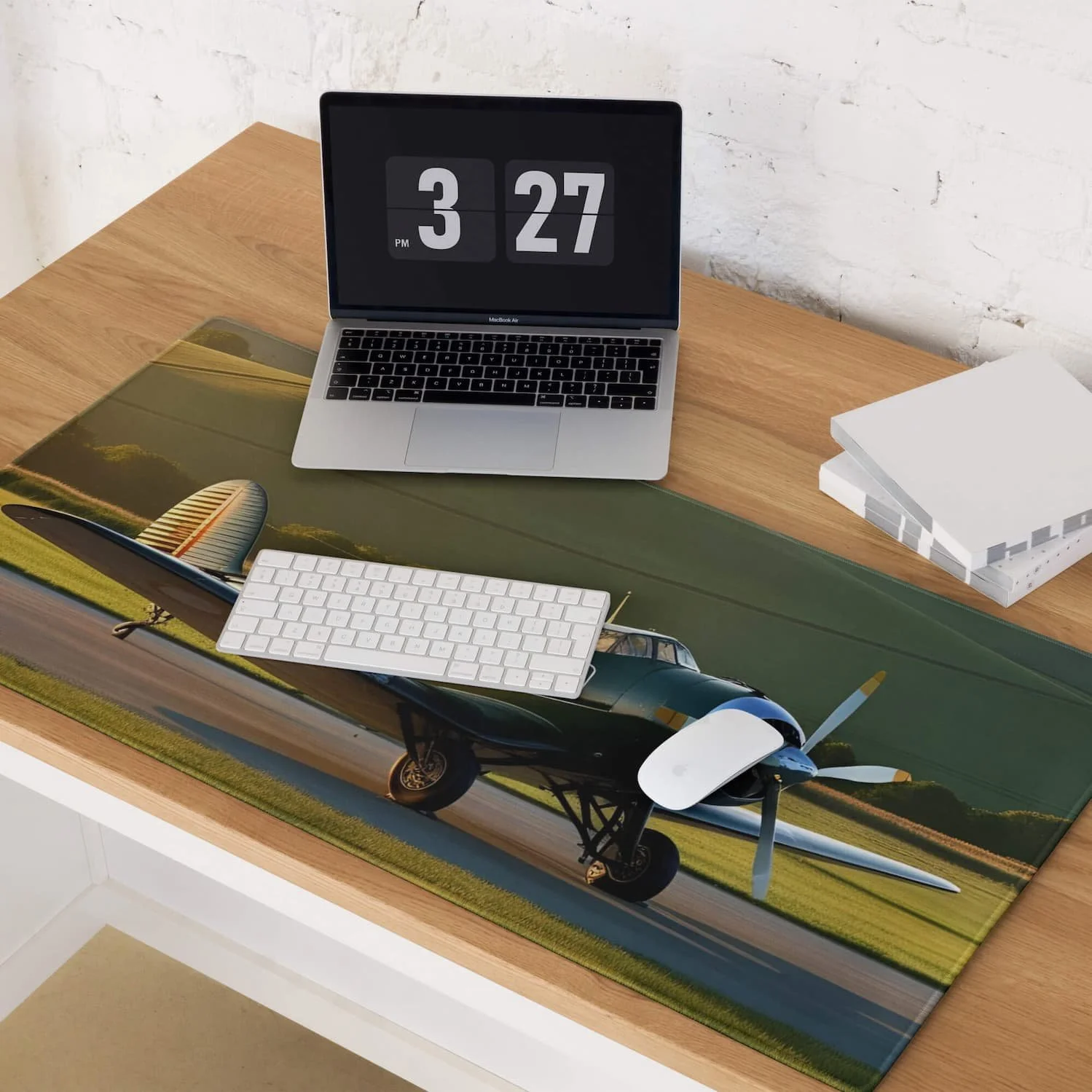 Extended XL gaming mouse pad featuring a vintage propeller airplane design, perfect for gamers, pilots, and aviation lovers, shown as a 36x18 desk mat setup