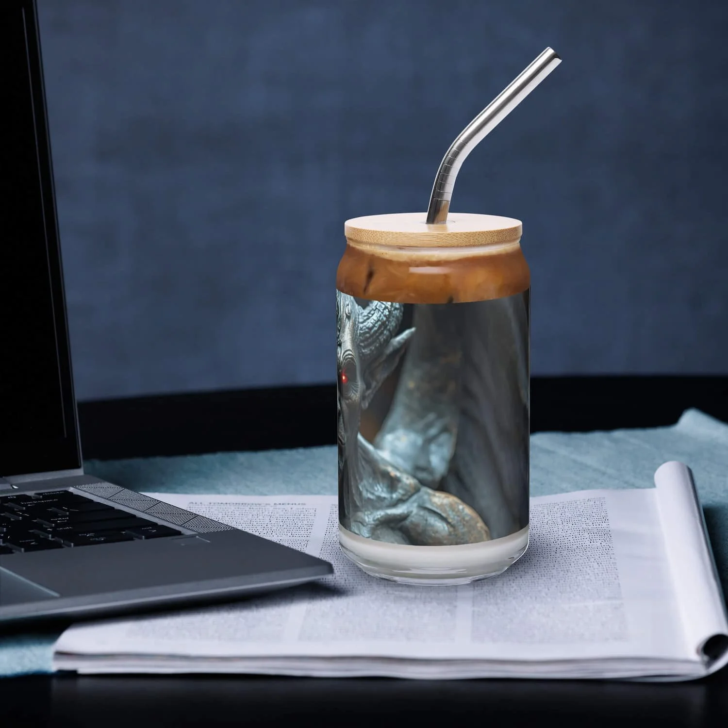 16 oz can-shaped glass with lid and straw, left side view, clear reusable drinkware cup