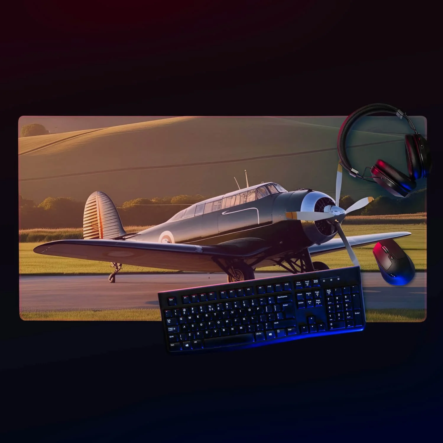 Extended XL gaming mouse pad featuring a vintage propeller airplane design, perfect for gamers, pilots, and aviation lovers, shown as a 36x18 desk mat setup