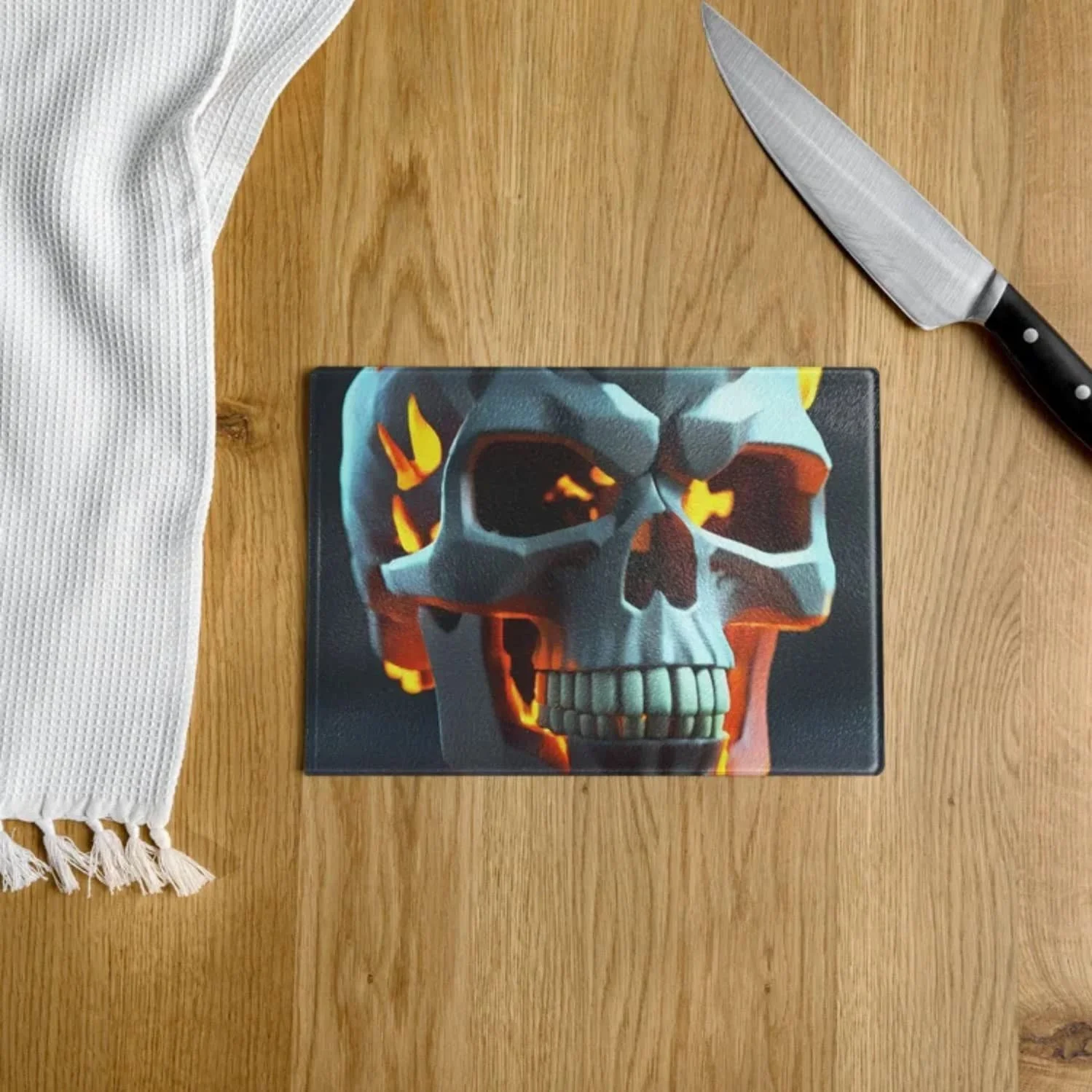 Flaming 3D Skull Glass Cutting Board – Tempered Gothic Decor