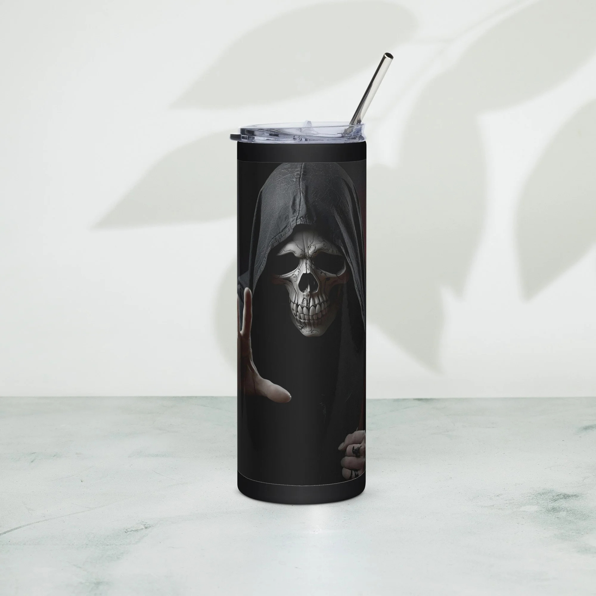 20oz Skeleton Motorcycle Tumbler – Gothic Biker Stainless Steel Travel Cup with Skeleton Rider Design