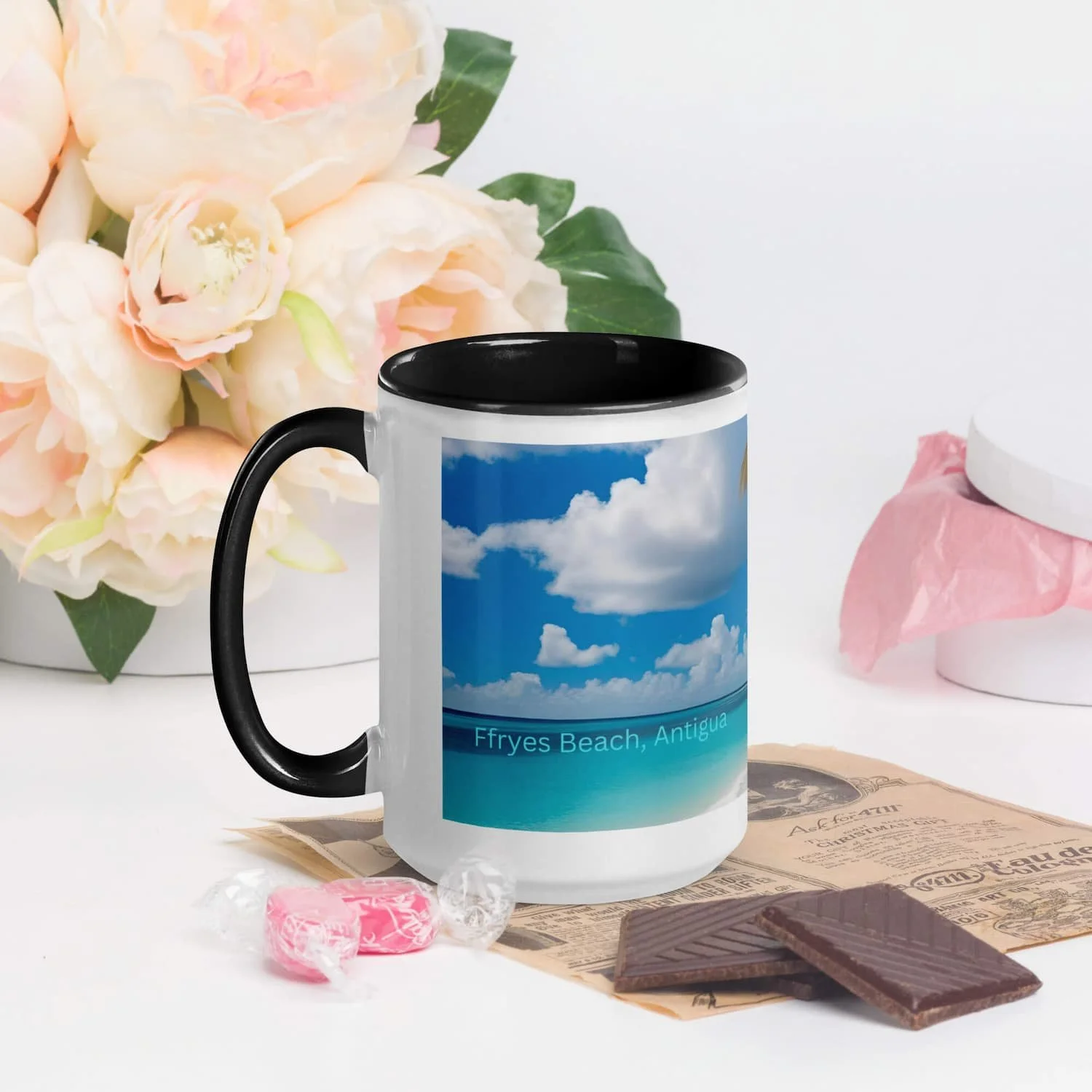 Paradise Beach Coffee Mug 11oz and 15oz sitting on a wooden cutting board with yellow flowers behind it, tropical ceramic coffee mug gift for moms and beach lovers