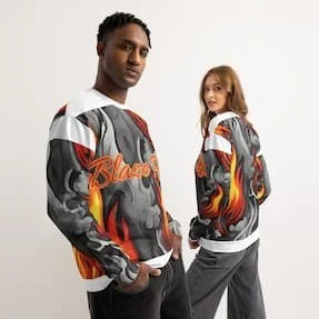 White all-over print unisex cotton sweatshirt front and back view, casual crewneck pullover apparel