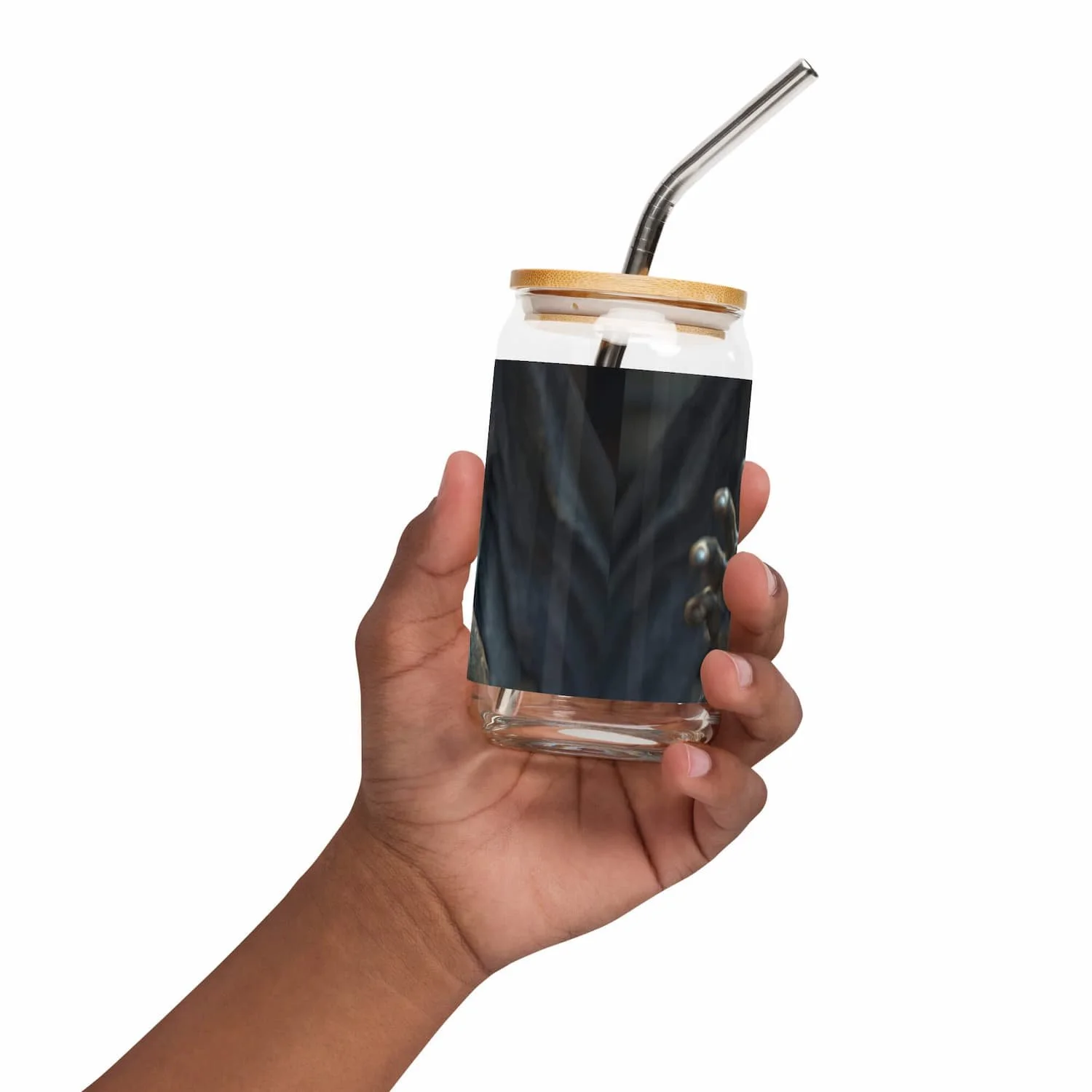 16 oz can-shaped glass with lid and straw, back view, clear reusable drinkware