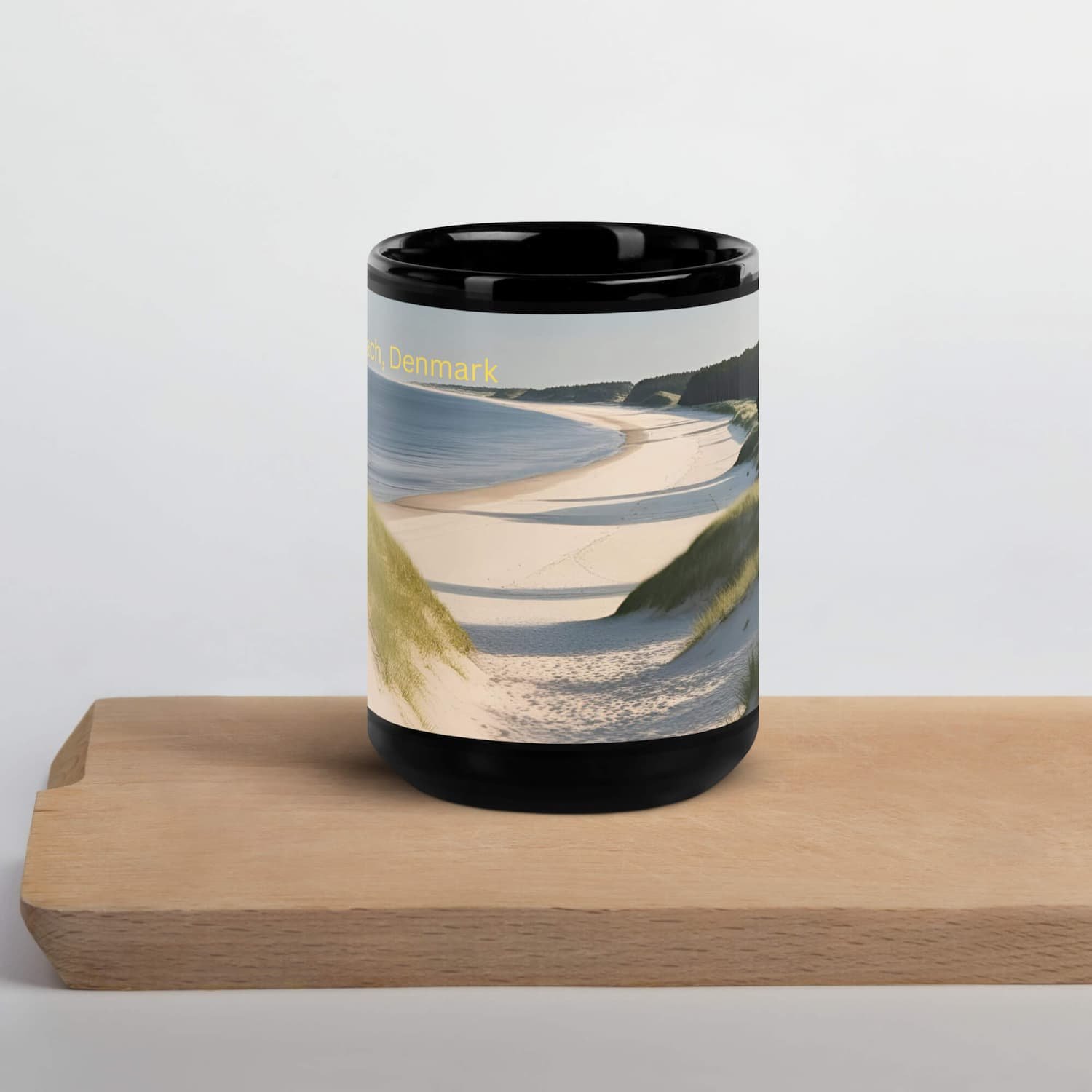 Skagen coastal 15oz front view ceramic mug sitting on a wooden cutting board on a kitchen countertop for Scandinavian-inspired home decor