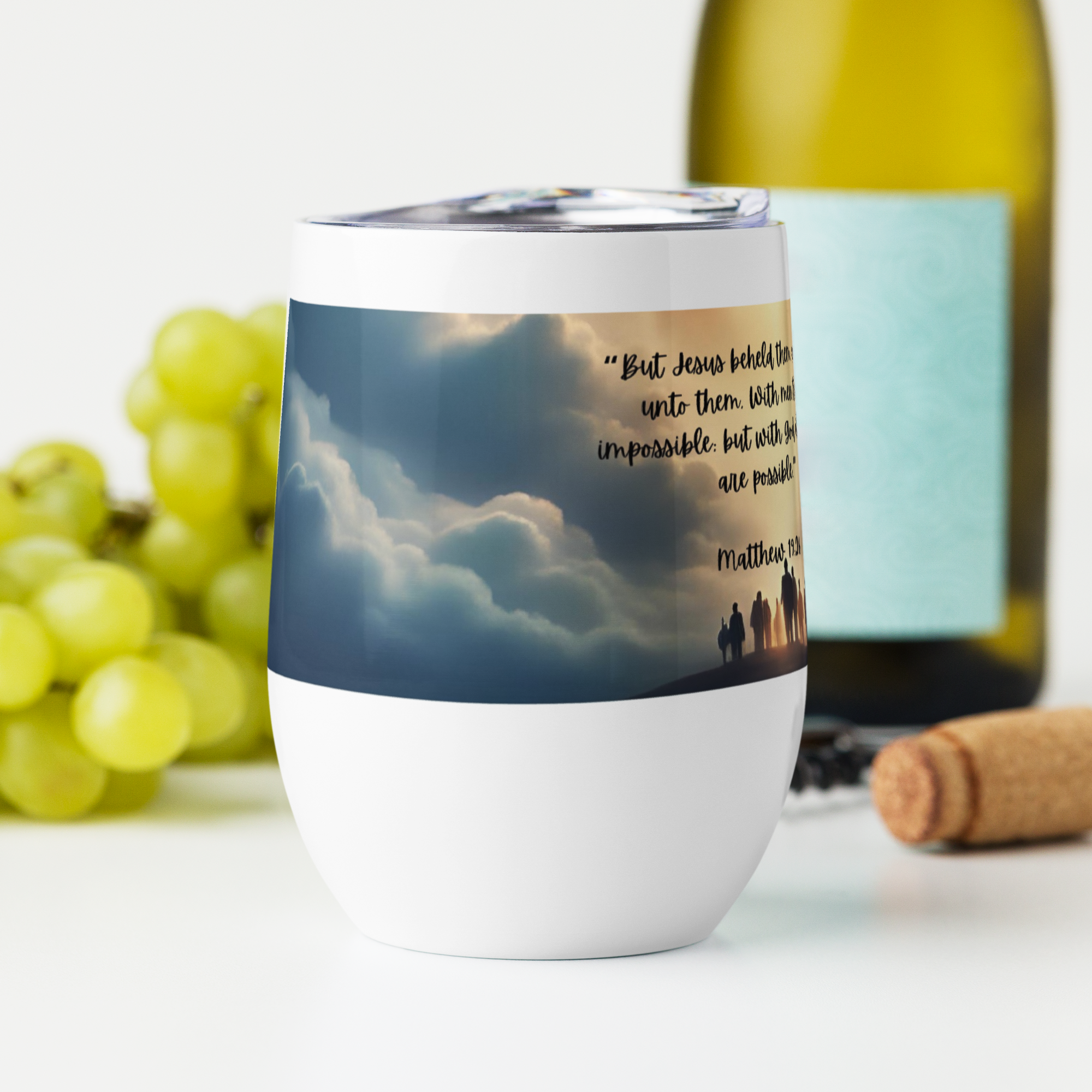 Matthew 19:26 Bible verse 12oz wine tumbler With God all things are possible Christian inspirational insulated cup