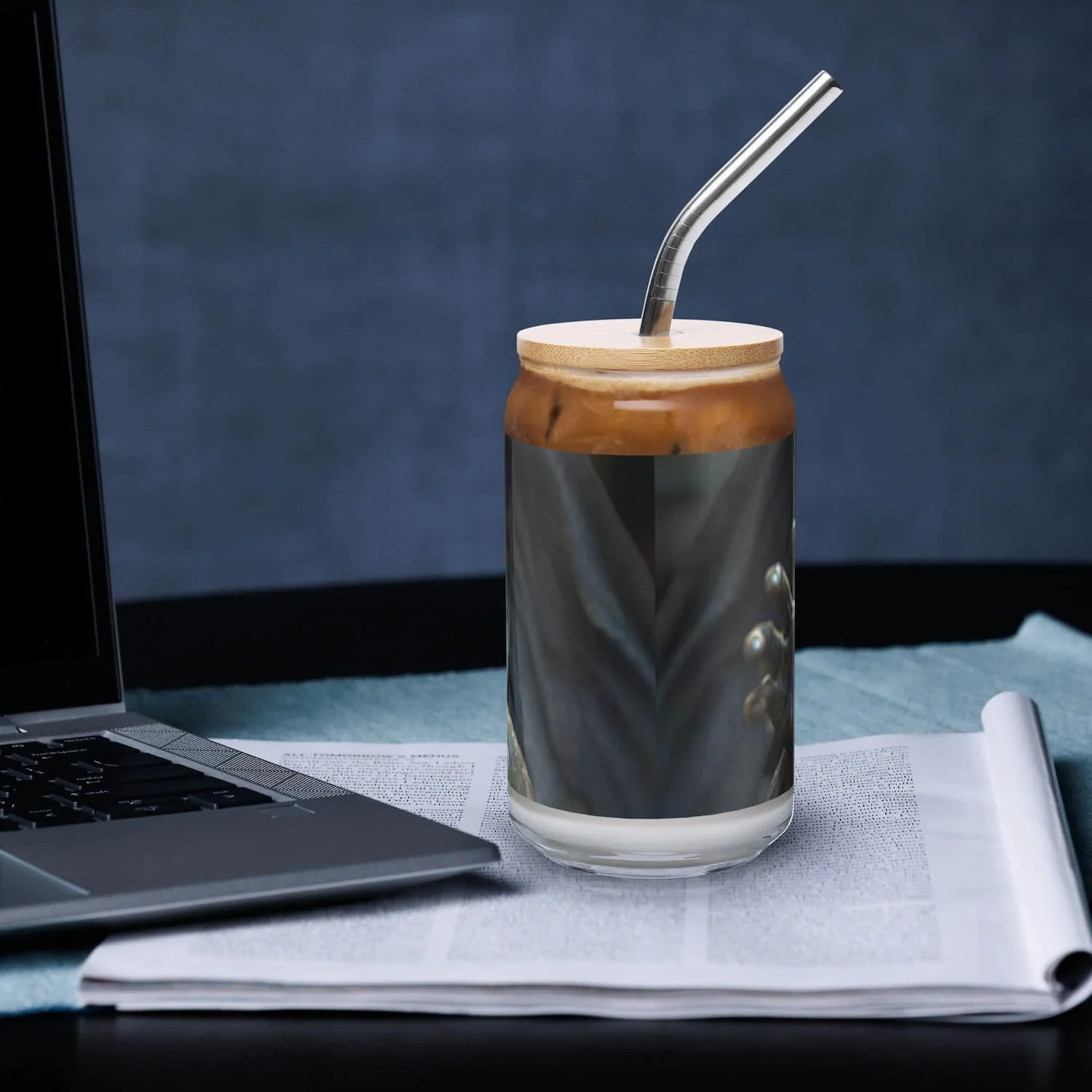 16 oz can-shaped glass with lid and straw, back view, clear reusable drinkware cup