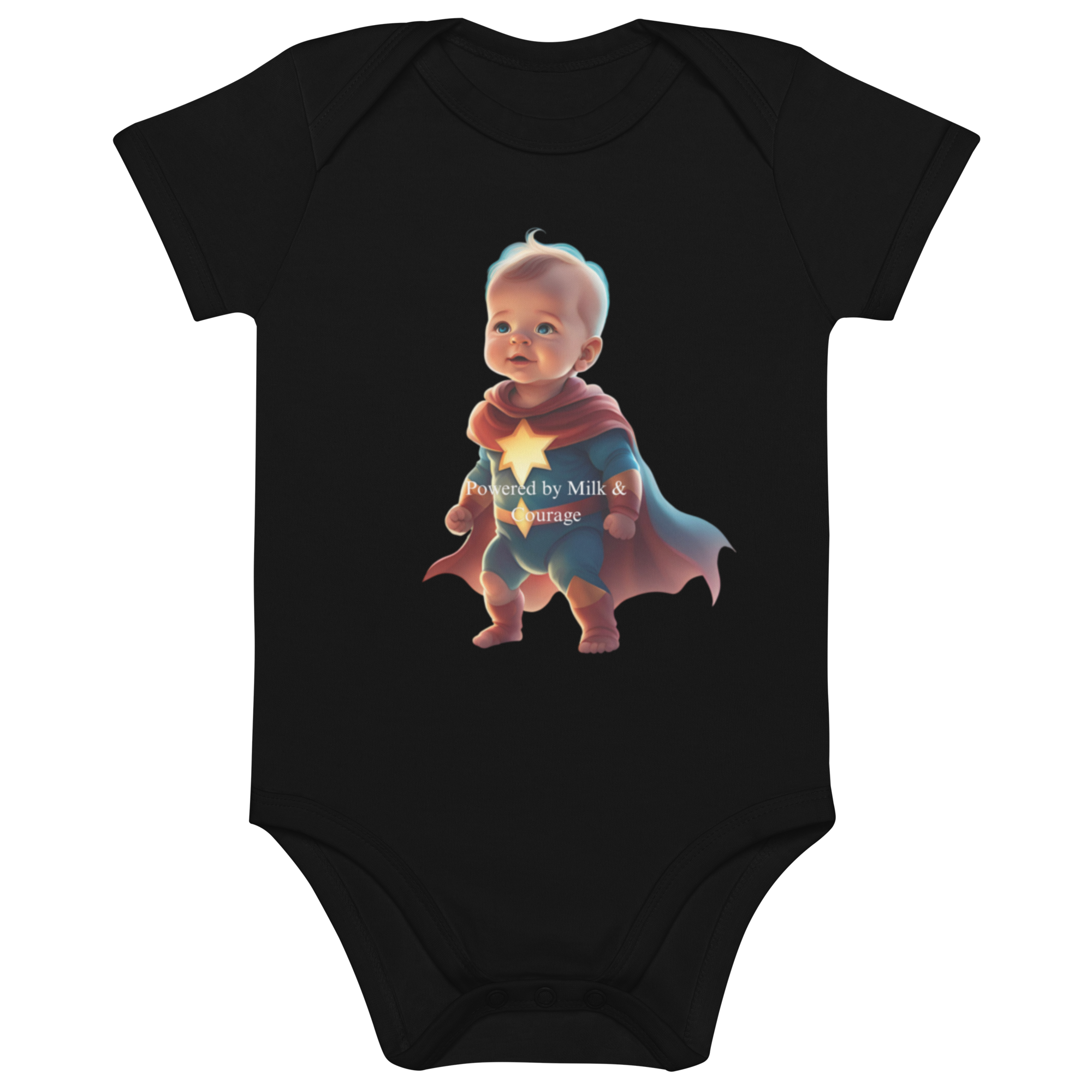 Powered by Milk & Courage Baby Superhero Bodysuit – Organic Cotton Infant One-Piece, Cute Gender Neutral Baby Outfit, Baby Shower Gift