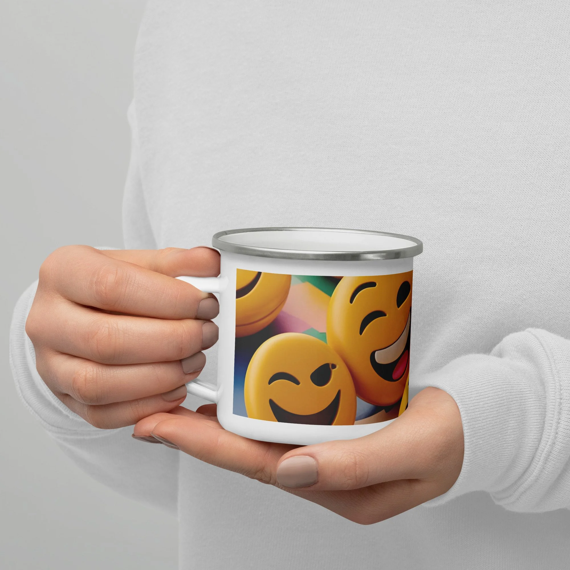 Smiley face enamel camp mug, lightweight durable drinkware for hiking, camping, and home use