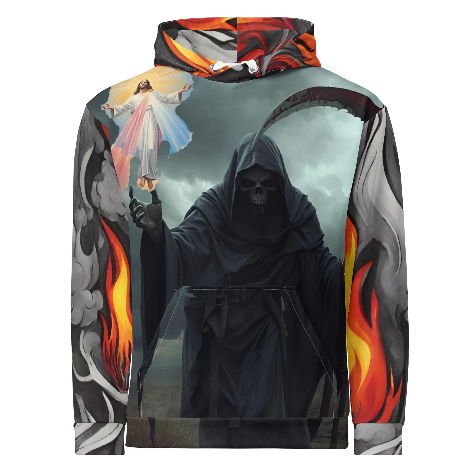 Grim Reaper vs Divine Light Hoodie – All Over Print Unisex Cotton Hoodie with Jesus Inspired Artwork, Fire & Smoke Design, Gothic Christian Streetwear