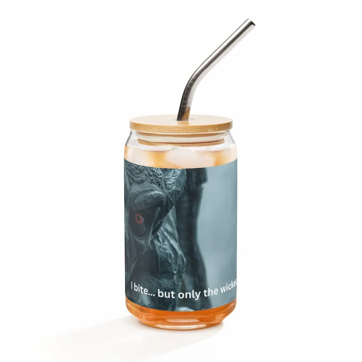 Left side view of 16oz can-shaped glass with lid and straw on a white background, ideal for iced drinks, cocktails, or everyday use.