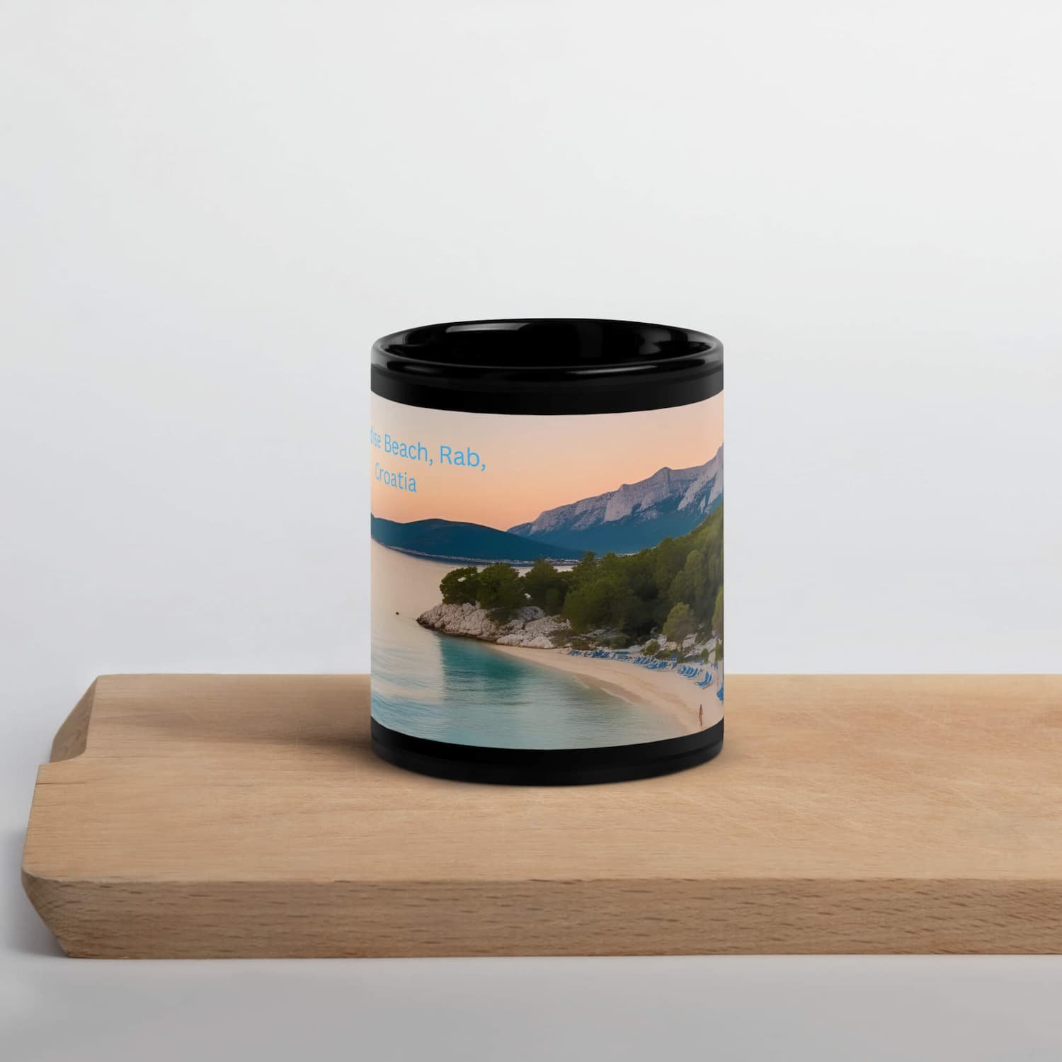 Paradise Beach Coffee Mug 11oz and 15oz sitting on wooden cutting boards on a kitchen countertop, tropical ceramic coffee mug gift for teachers and beach lovers