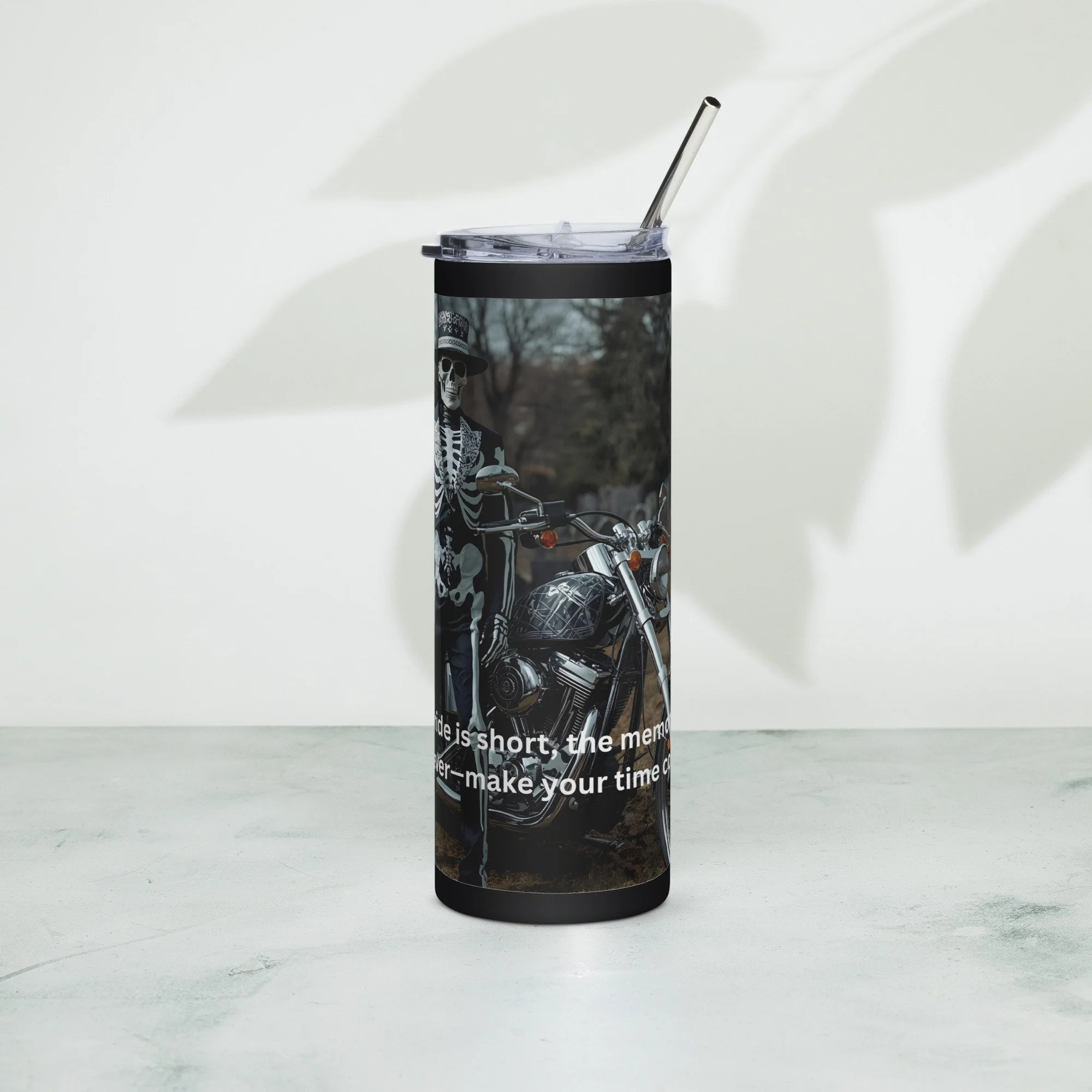 20oz Skeleton Motorcycle Tumbler – Gothic Biker Stainless Steel Travel Cup with Skeleton Rider Design
