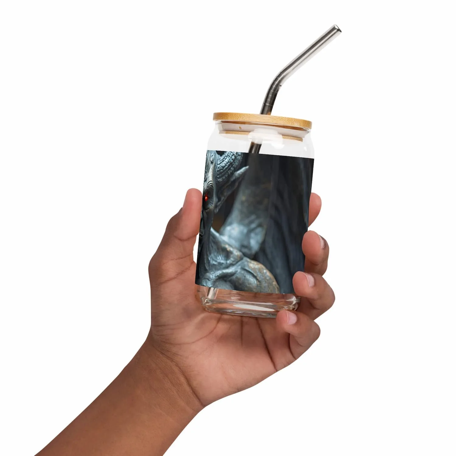 16 oz can-shaped glass with lid and straw, left side view, clear drinkware cup