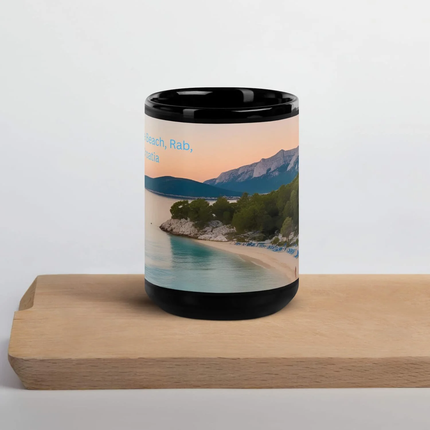 Paradise Beach Coffee Mug 11oz and 15oz sitting on wooden cutting boards on a kitchen countertop, tropical ceramic coffee mug gift for teachers and beach lovers