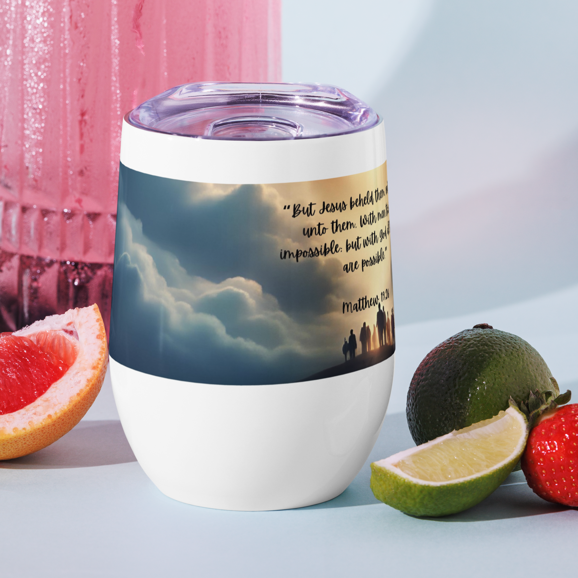 Matthew 19:26 Bible verse 12oz wine tumbler With God all things are possible Christian inspirational insulated cup