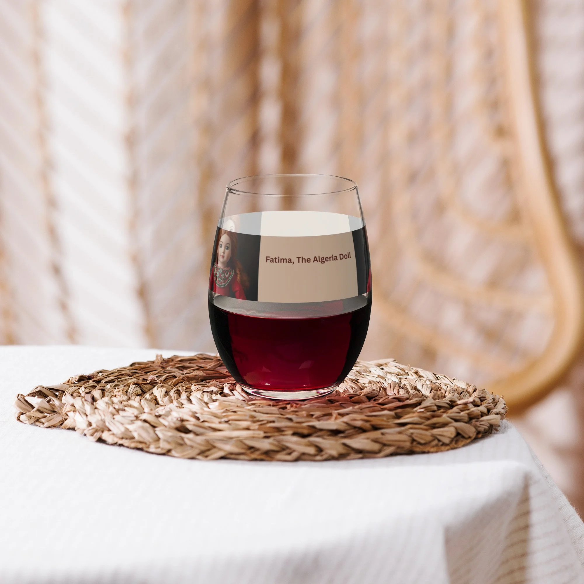 15oz wine glass featuring traditional Algerian collector doll design – cultural gift and collectible glassware