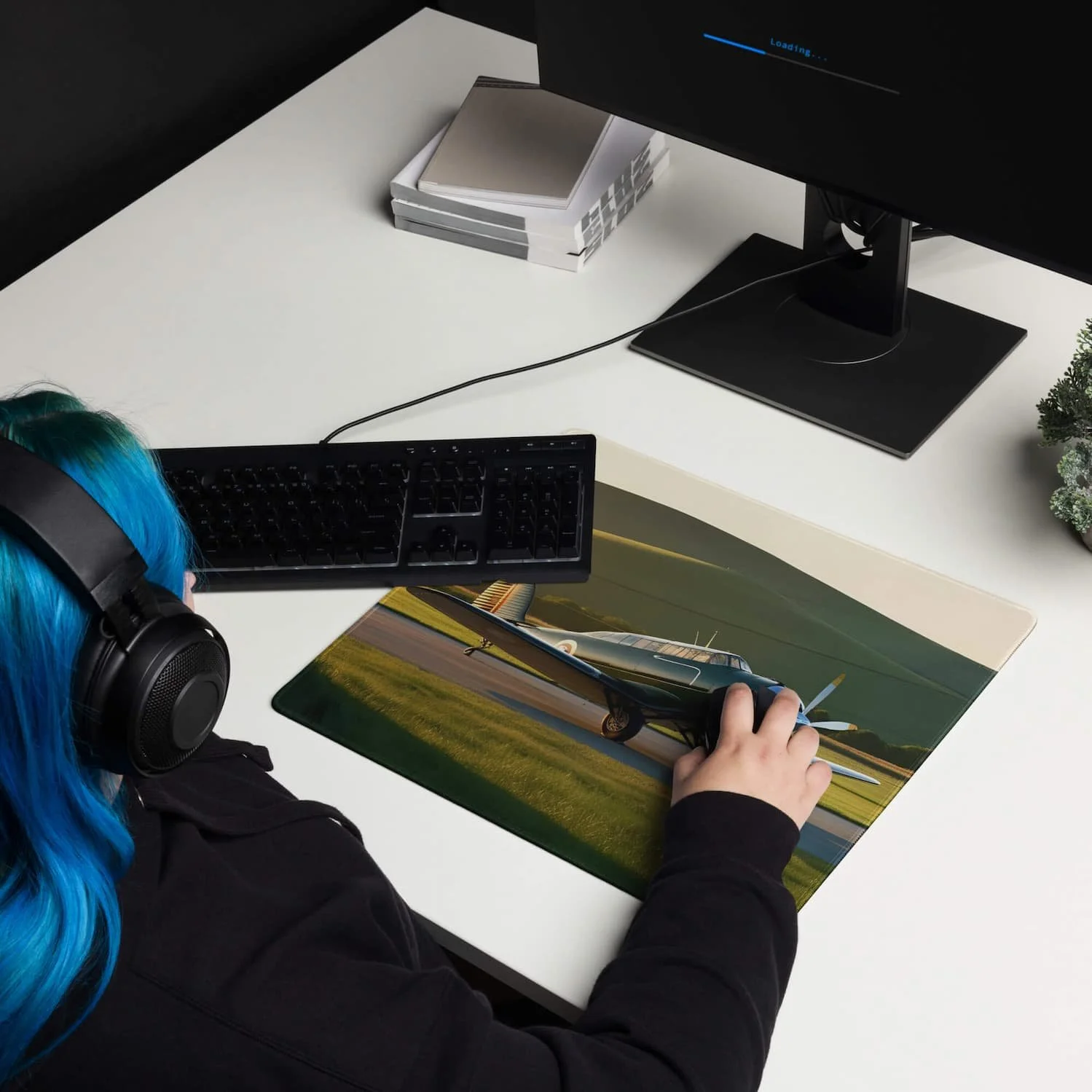 Extended XL gaming mouse pad featuring a vintage propeller airplane design, perfect for gamers, pilots, and aviation lovers, shown as a 36x18 desk mat setup