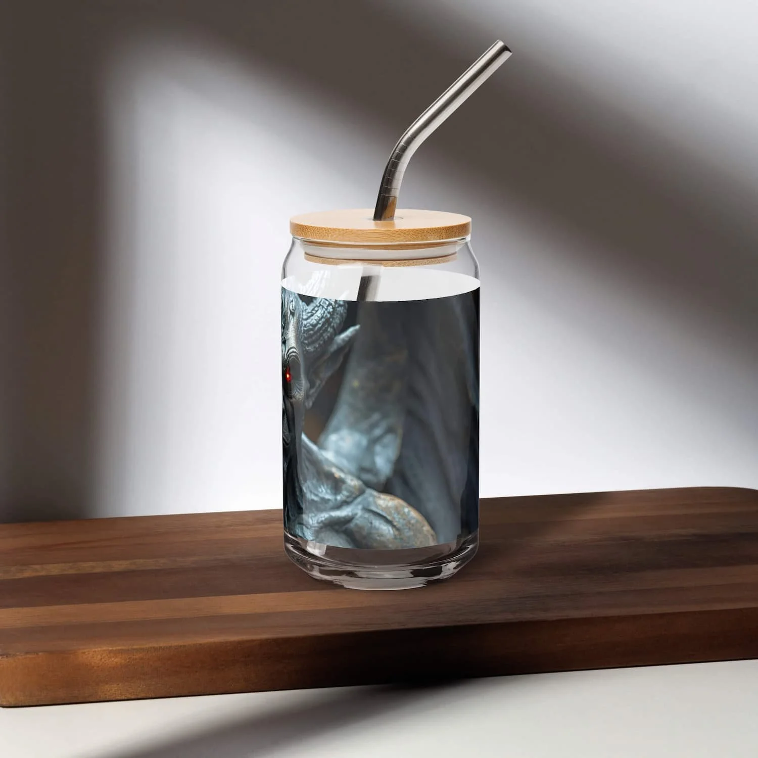 16 oz can-shaped glass with lid and straw, left side view, clear reusable drinkware cup