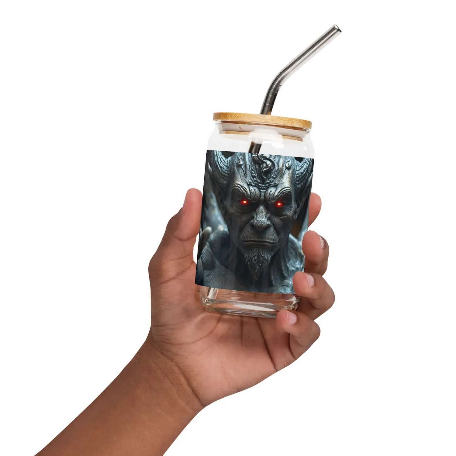 16 oz can-shaped glass with lid and straw, front view, clear drinkware cup