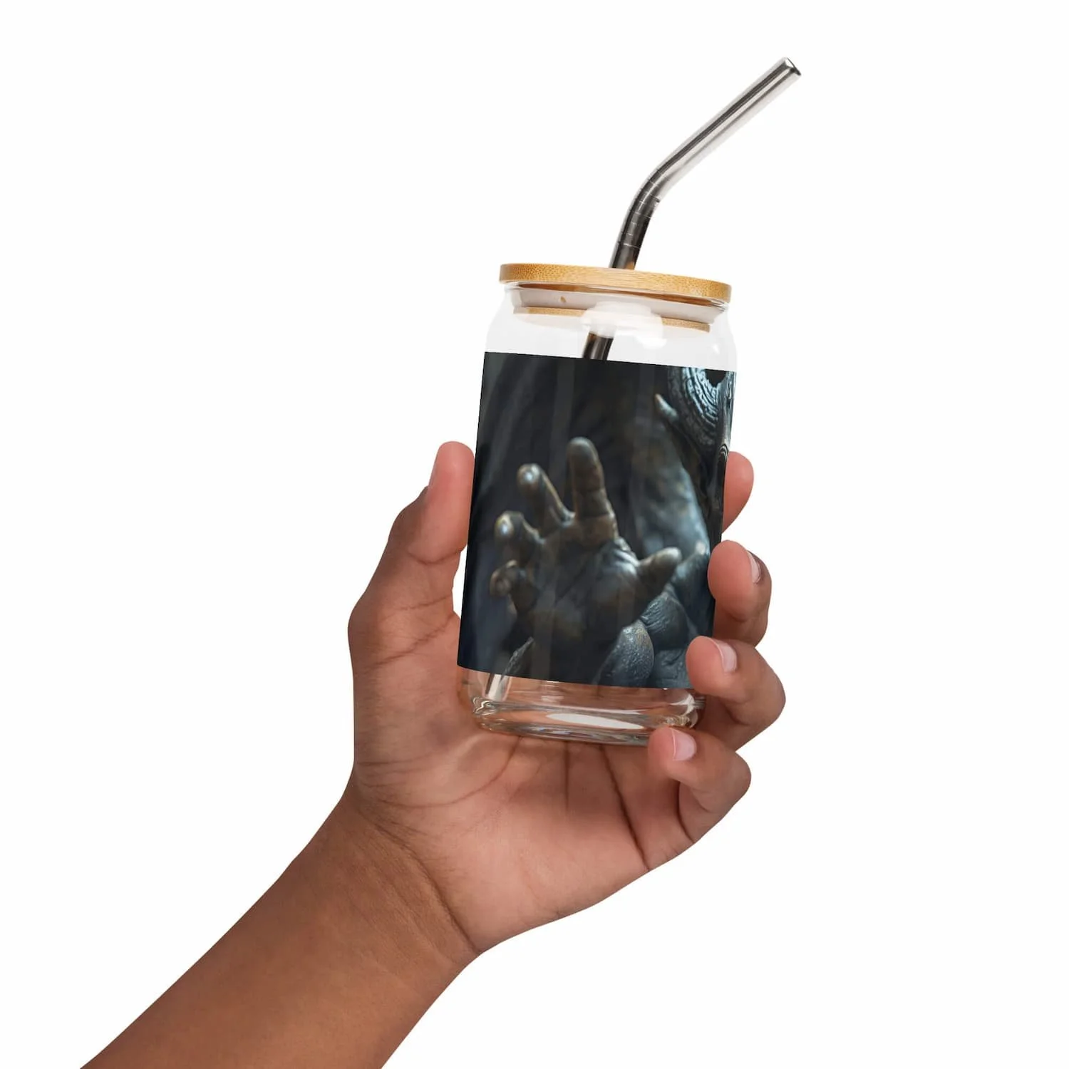 16 oz can-shaped glass with lid and straw, right side view, clear reusable drinkware