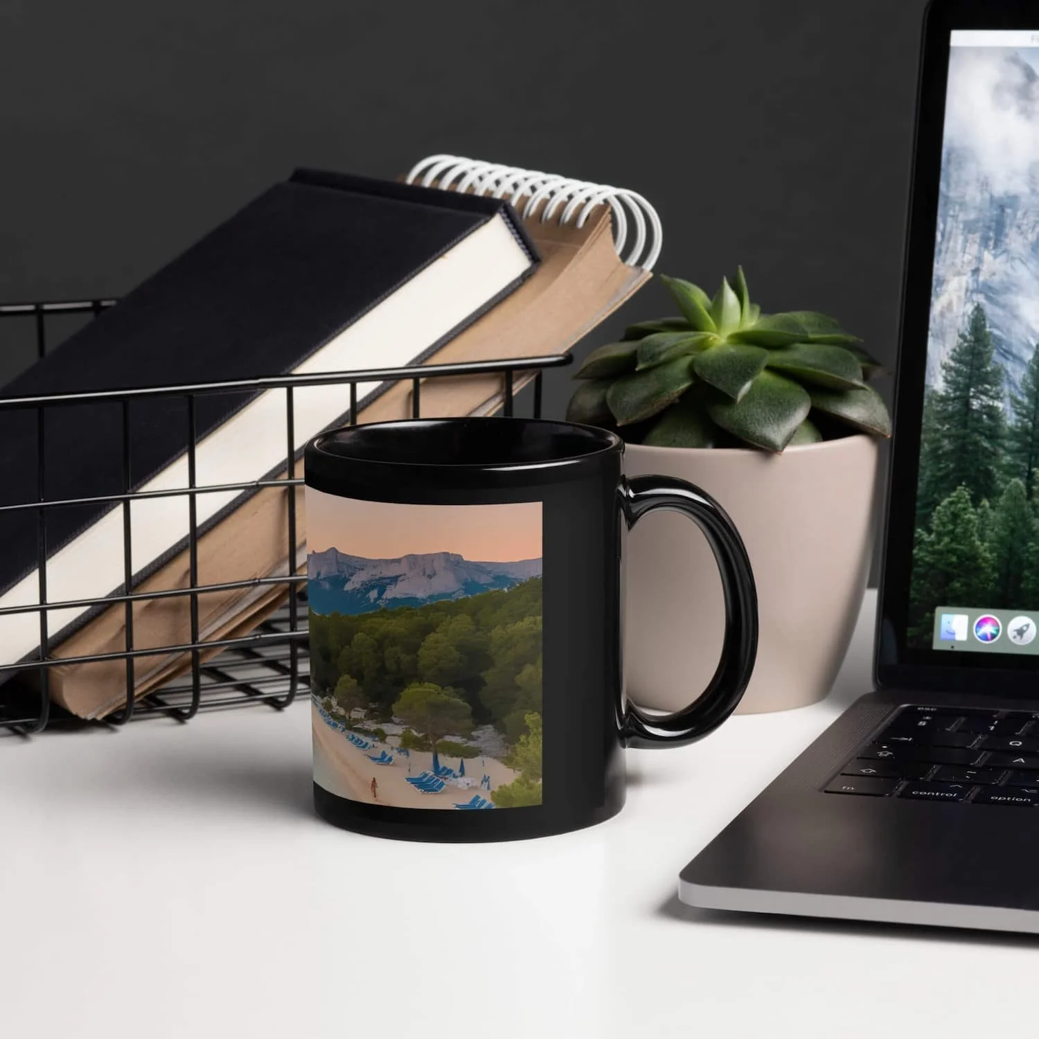 Paradise Beach Coffee Mug 11oz and 15oz on a table next to books, a laptop, and a small plant, tropical ceramic mug gift for teachers and beach lovers