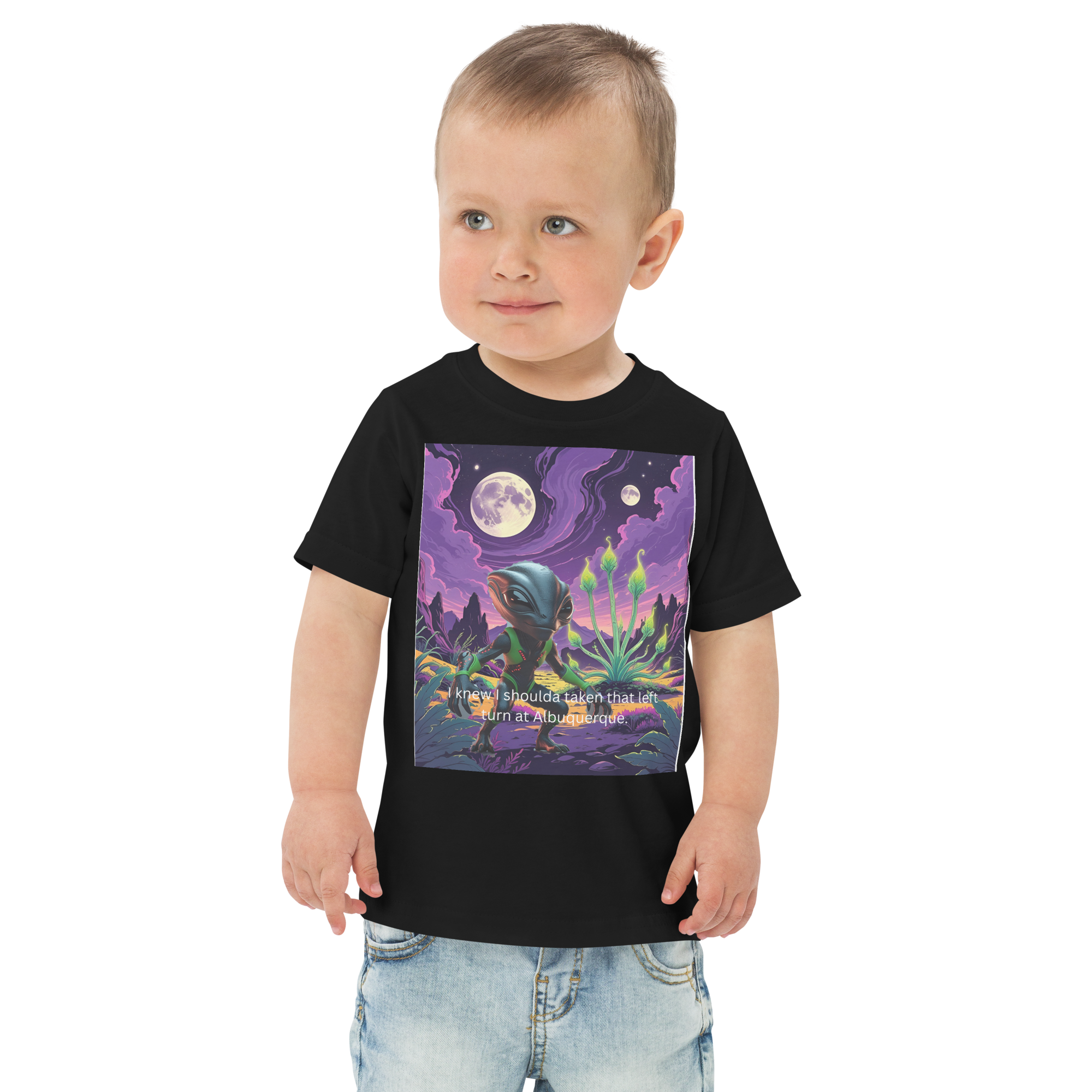 Funny Alien Toddler T-Shirt – “I Knew I Shoulda Taken That Left Turn at Albuquerque” Graphic Tee, Cute Sci-Fi Cartoon Shirt, Unisex Kids Jersey T-Shirt