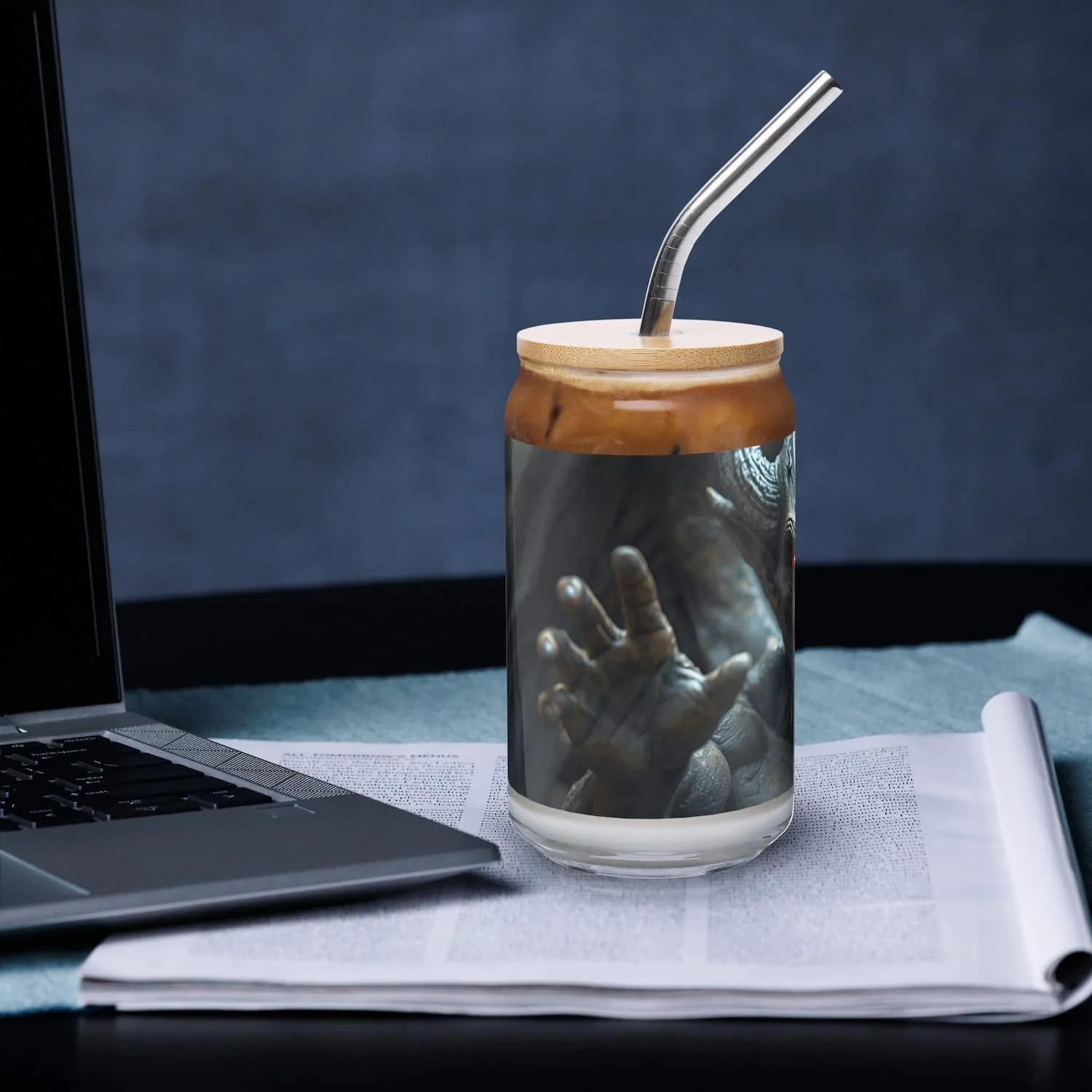 16 oz can-shaped glass with lid and straw, right side view, clear reusable drinkware cup