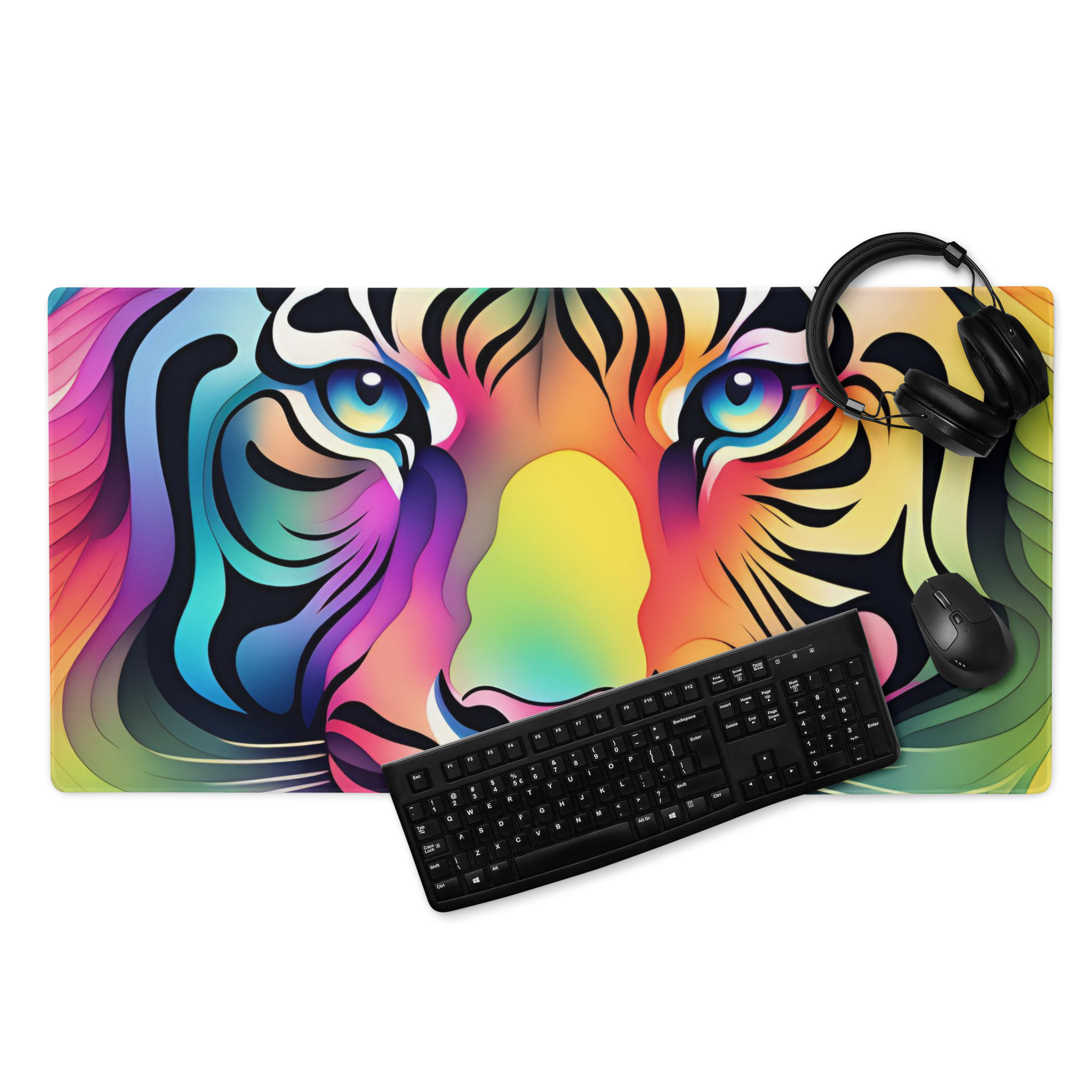 Rainbow Tiger Gaming Mouse Pad 36x18 XL – Colorful Tiger Face Extended Desk Mat for Gamers, Streamers & Office Setup