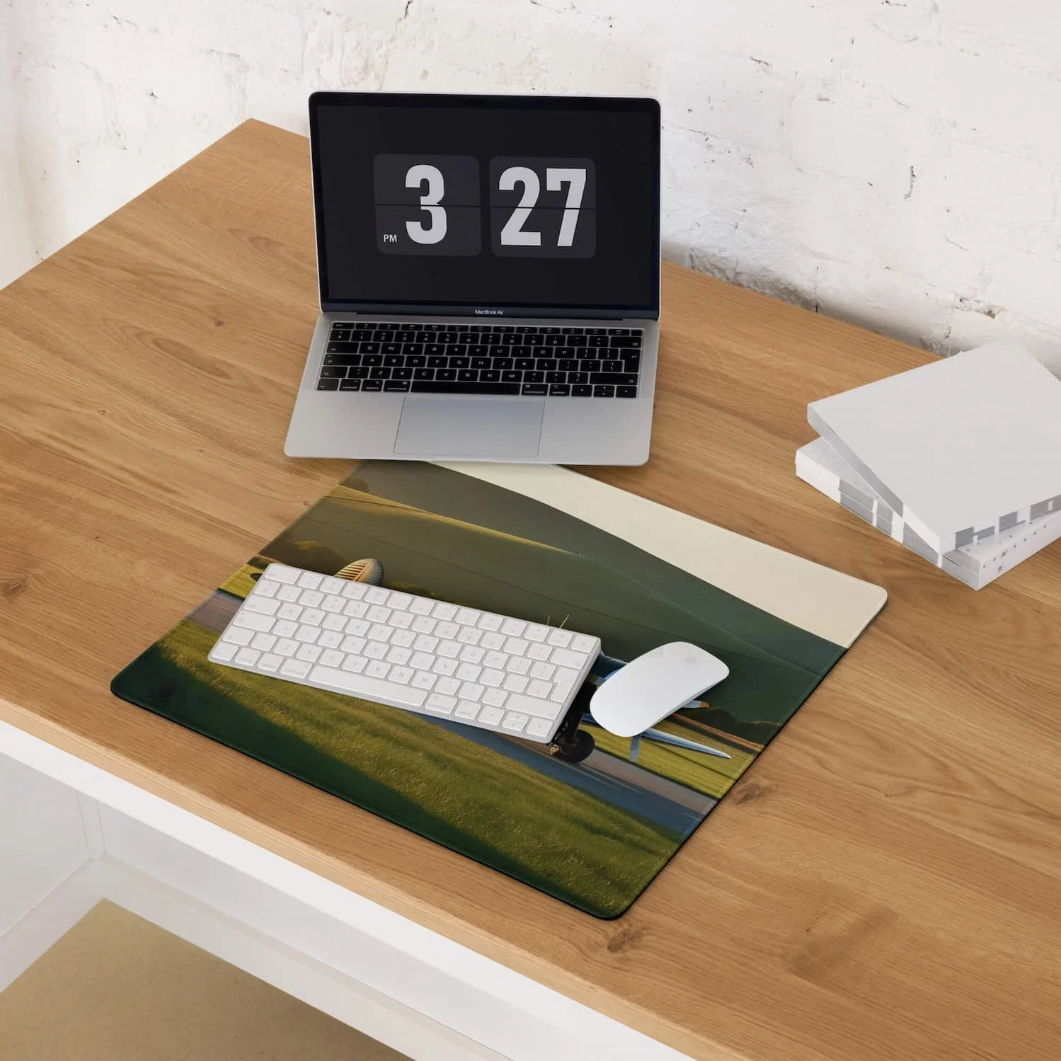 Extended XL gaming mouse pad featuring a vintage propeller airplane design, perfect for gamers, pilots, and aviation lovers, shown as a 36x18 desk mat setup