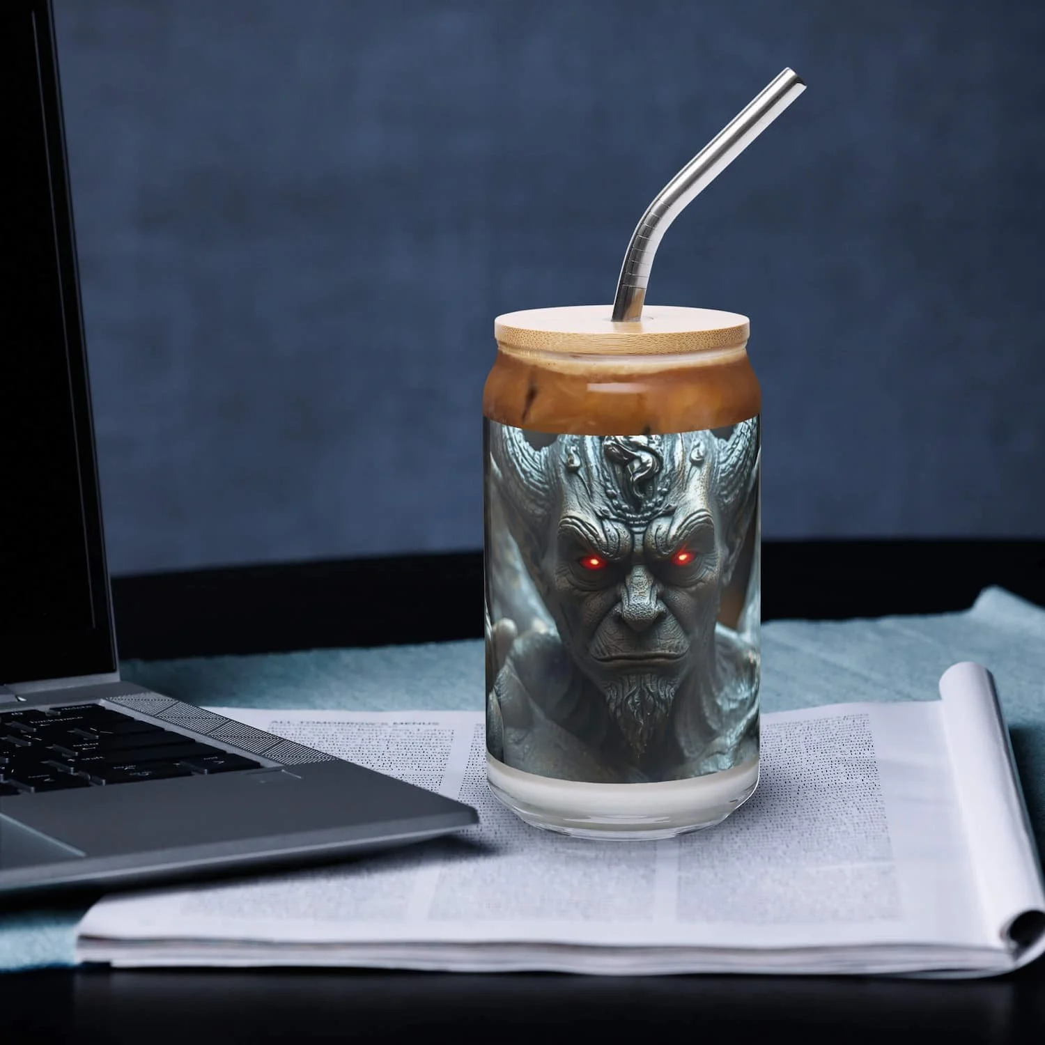 16 oz can-shaped glass with lid and straw, front view, clear reusable drinkware cup