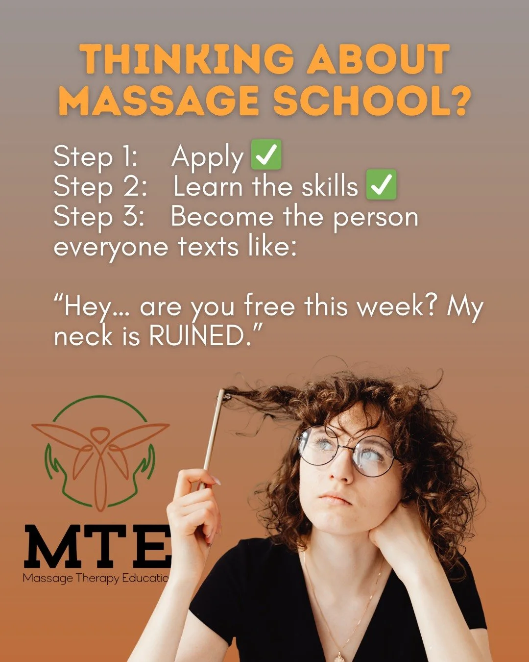 Thinking about massage school?
Step 1: Apply ✅
Step 2: Learn the skills ✅
Step 3: Become the person everyone texts like:
&ldquo;Hey&hellip; are you free this week? My neck is RUINED.&rdquo; 😂

📩 Contact us for class schedules! &mdash; admin@mteil.c