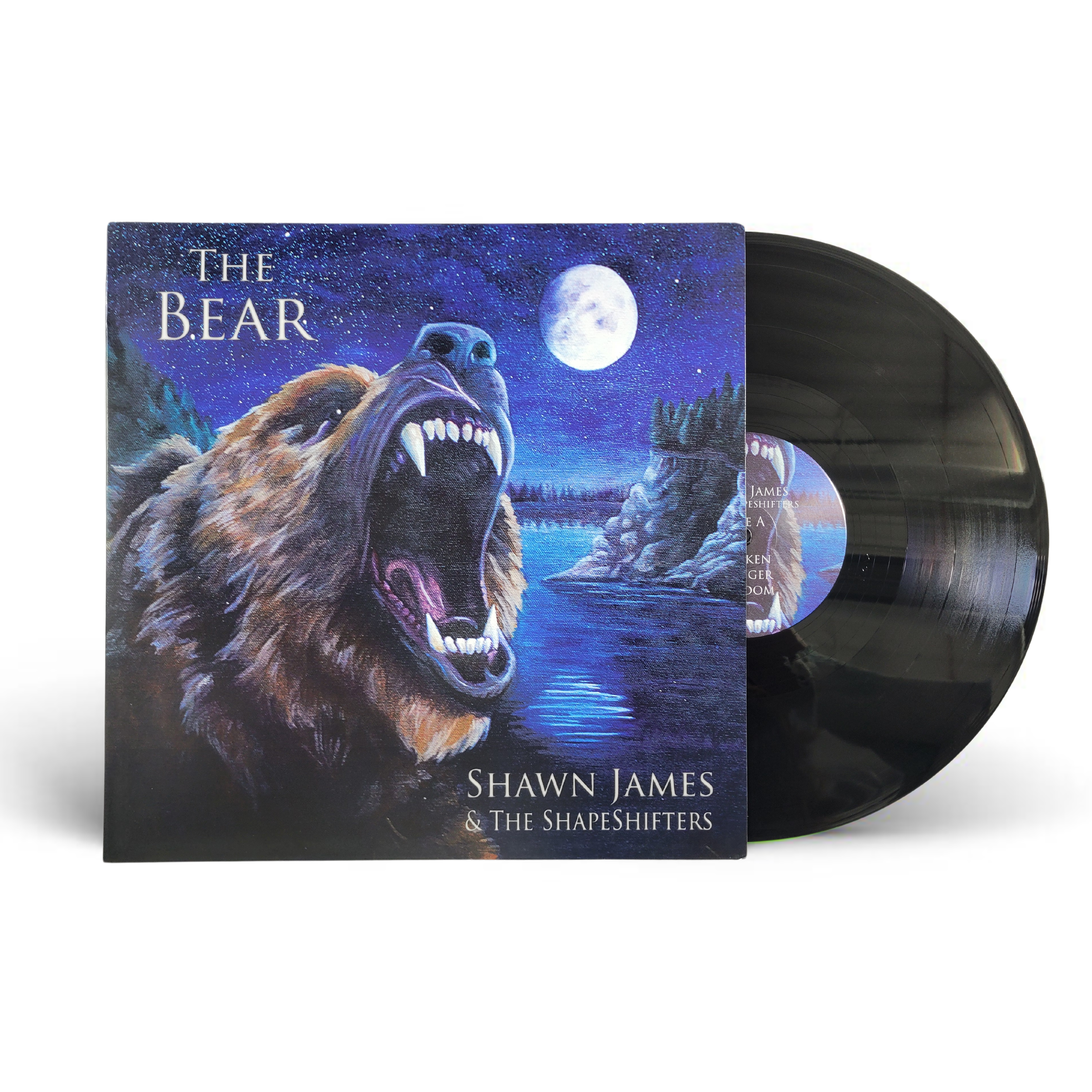 Vinyl record album titled "The Bear" by Shawn James & The Shapeshifters, featuring artwork of a roaring bear under a full moon by a river at night.