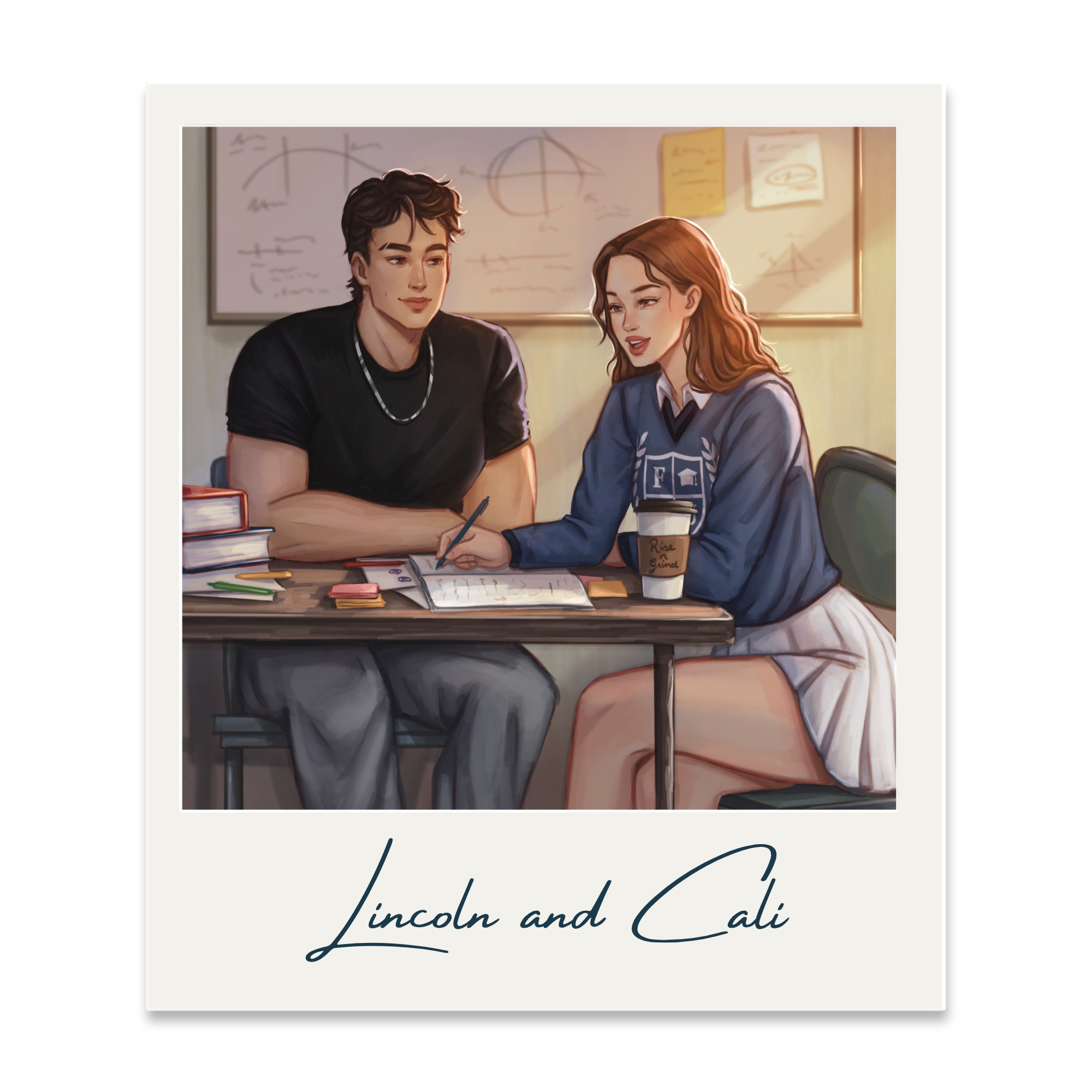 Illustration of two students sitting at a desk in a classroom with a whiteboard and papers in the background, engaged in a study or discussion, with the text 'Lincoln and Cali' at the bottom.