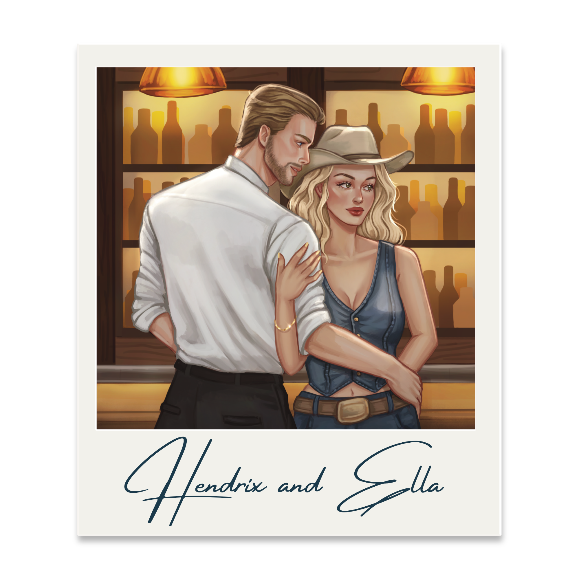 Polaroid-style photo of a man and woman in a bar, the man in a white shirt and the woman wearing a hat and denim top, with bottles on shelves and warm lighting in the background, and text reading 'Hendrix and Ella' at the bottom.